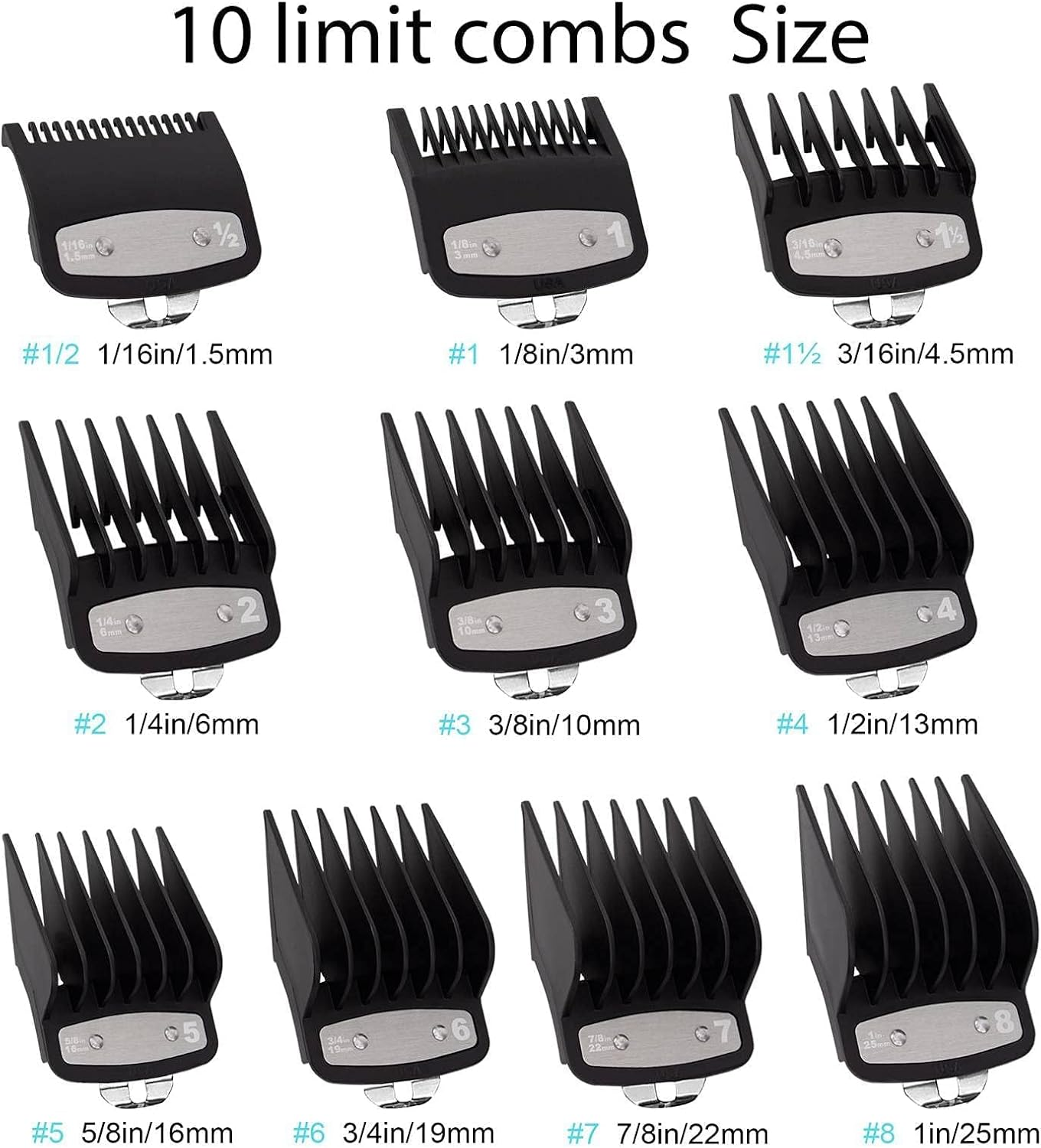 AIDERLY Hair Clipper Combs Guards, 10 Pack Clip Guards, Compatible with Wahl Metal Clip1.5-25Mm Sizes, Black