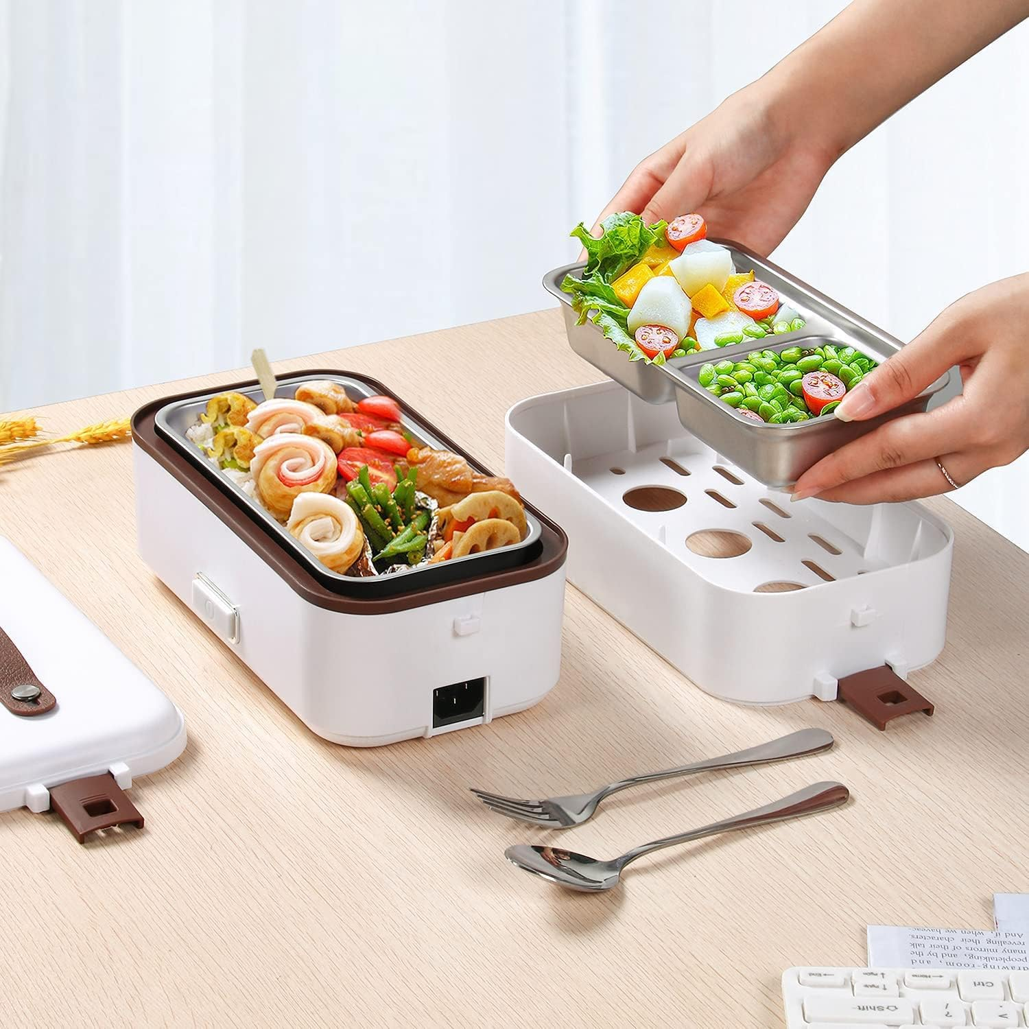 Self Cooking Electric Lunch Box, Portable Food Warmer for Home Office School, 2 Layers 0.8L Mini Rice Cooker Steamer Lunch Box with Removable Stainless Steel Container, Auto Off image number 4