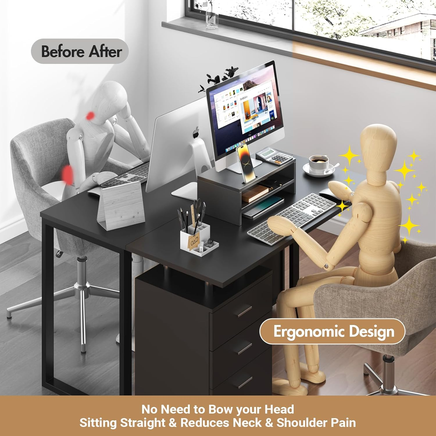 Advwin 2 Tiers Monitor Stand Riser with Storage Monitor Riser Computer Monitor Stand Multifunctional Desktop Stand Organizer Shelf, Black image number 1