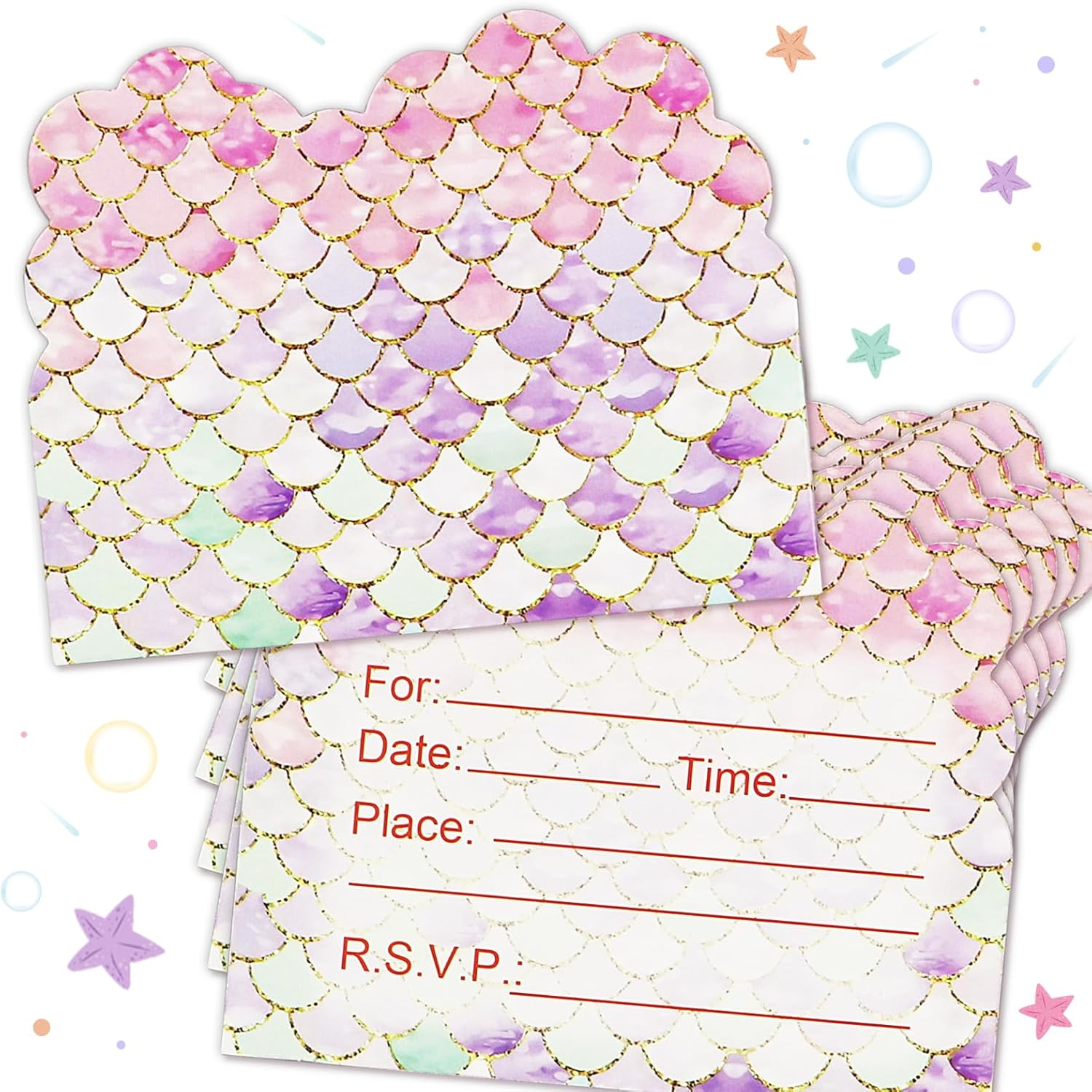 40Pcs Birthday Invitations for Girls, Lovely Mermaid Themed Party Invitations Cards, Kids Party Invitations for Girls Double-Sided Printed (Pink) image number 6