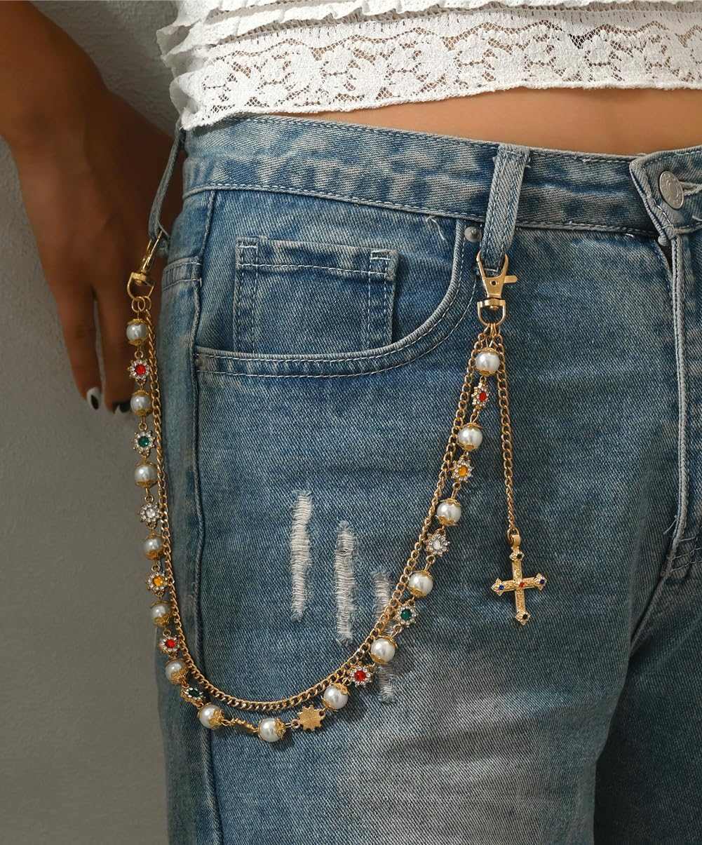 Layered Cross Pants Wallet Chains for Women Exquisite Gold Silver Crystal Pearl Jean Pocket Chain Bag Purse Charms Punk Jewelry for Women Men - Silver Link image number 3