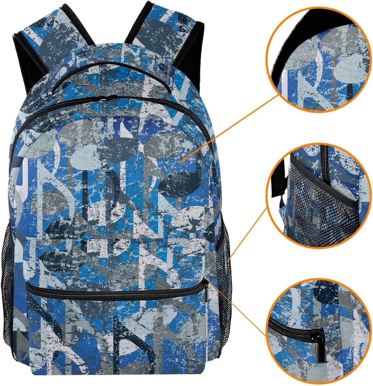 Retro Blue Musical Note Backpack Students Shoulder Bags Travel Bag College School Tote Backpacks image number 5