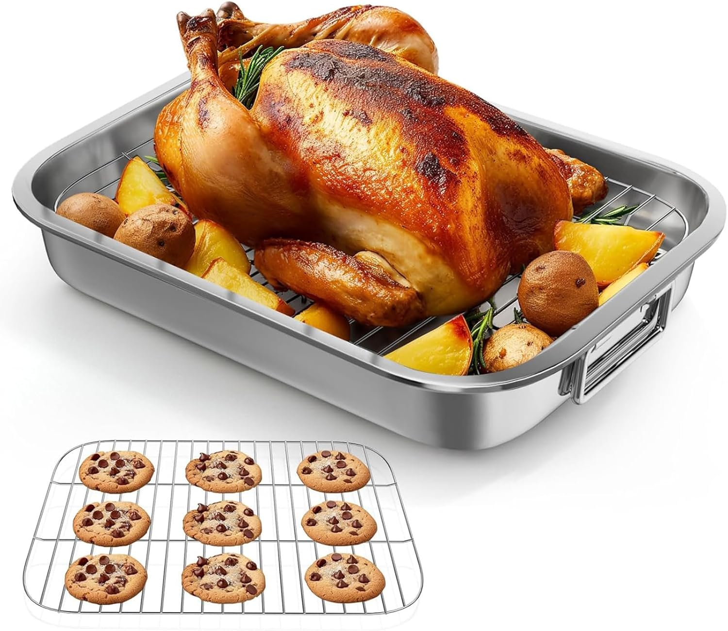 Stainless Steel Roasting Pan, Roaster Pan with Baking Rack, Stainless Steel Cookware, Lasagna Pan with Handles for Kitchen,Large Grill Pan, Deep Baking Pans,Oven and Dishwasher Safe Non-Stick