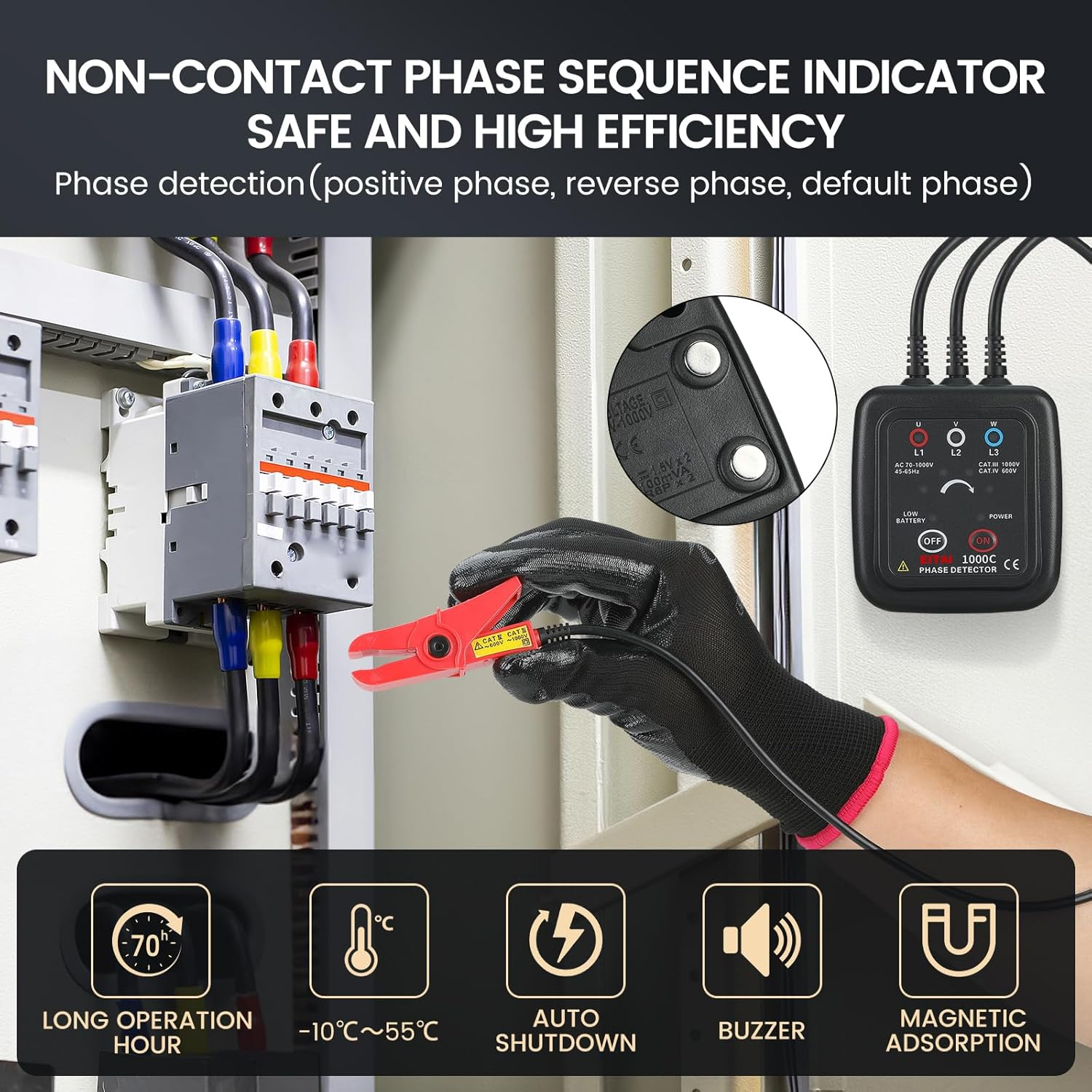 EITAI ETCR1000C Non-Contact Phase Sequence Tester, AC 70V-1000V, &Phi;0.6Inch/16Mm, Manufacturer Direct Sales, Phase Rotation Meter image number 3
