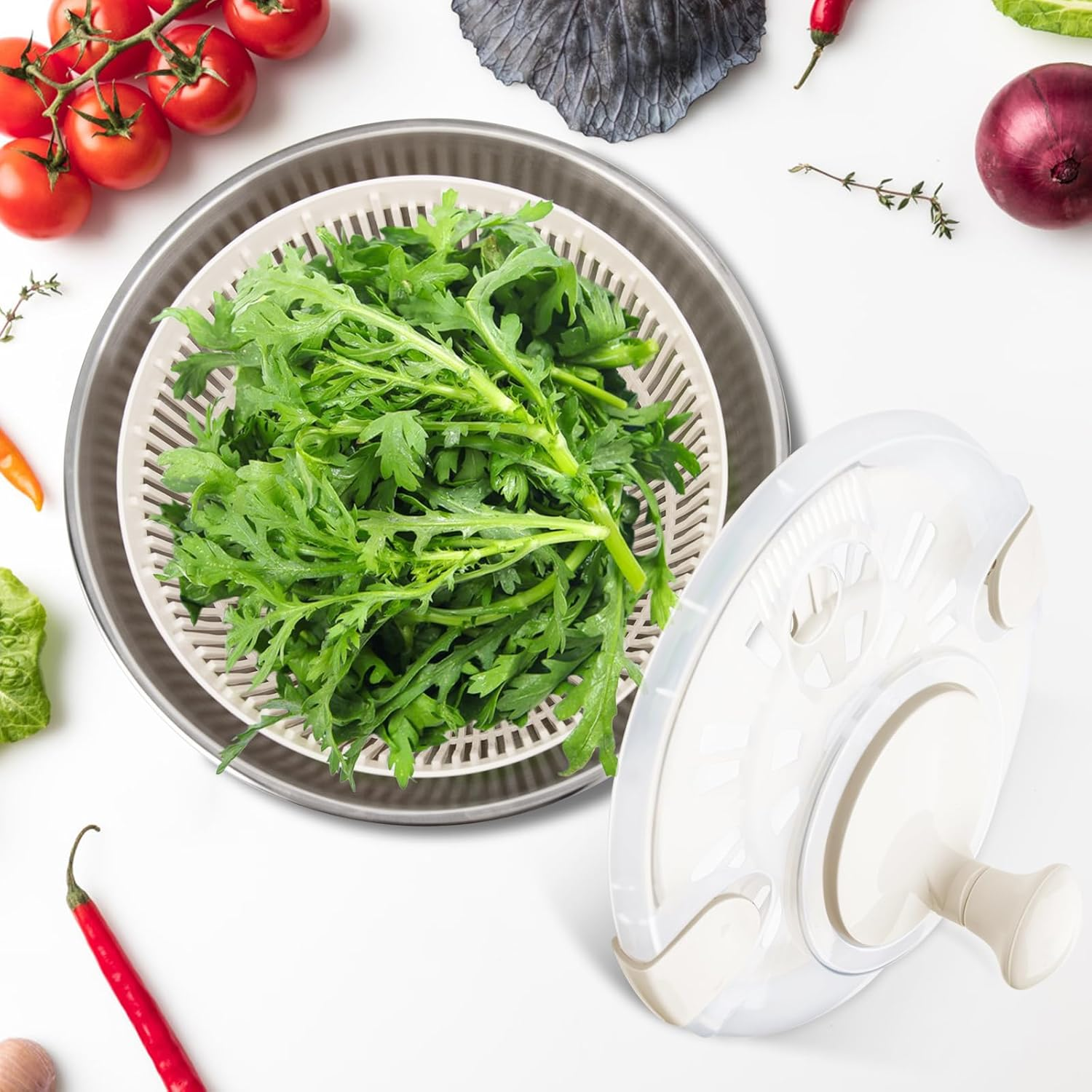 RAINBEAN Salad Spinner Stainless Steel Large, Multi-Use Lettuce Spinner Wash Spin and Dry Fruits and Vegetables with Drain Bowl Colander Spinner (5 Qt) image number 3