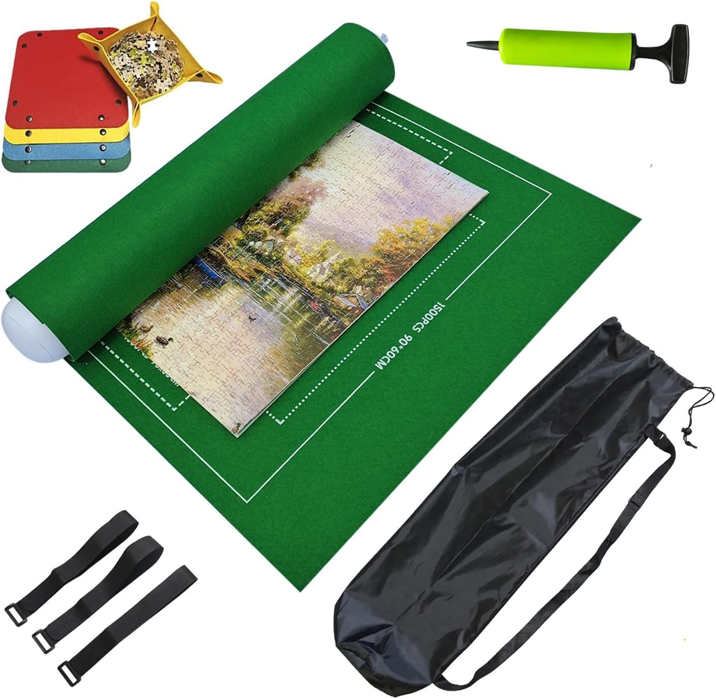 Taicols Jigsaw Puzzle Storage Roll Mat of 1500 Pieces with 4 Sorting Trays,Store Puzzle for Next Play, Jigsaw Puzzle Mat Roll Up, Jigsaw Puzzle Roll Mat Board Felt Mat Inflatable Tube Inflator (Black)