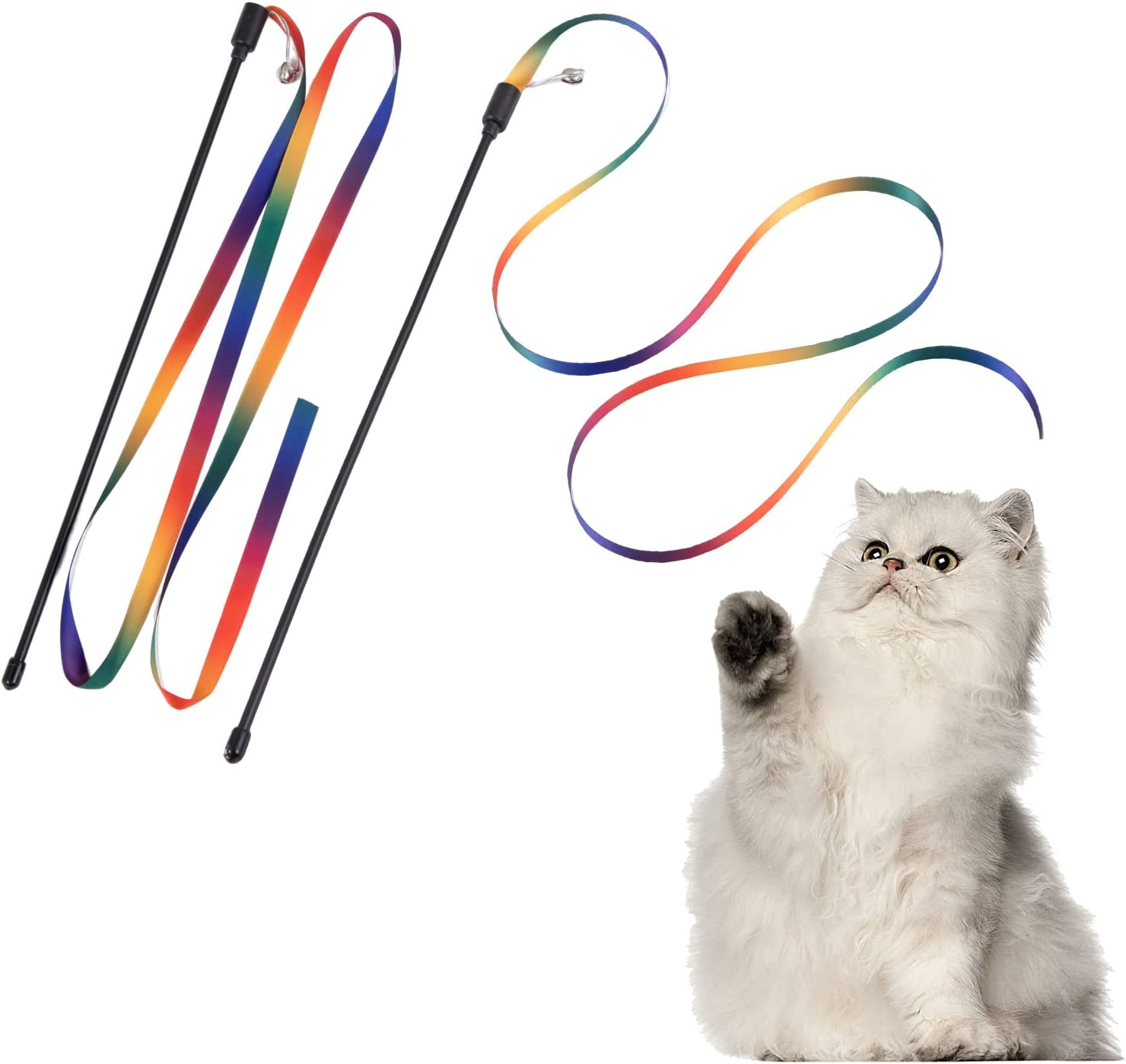 Cat Toys, Cat Rainbow Wand Toy Cat Teaser Toy, Interactive Cat Toy Wand Kitten Toys, Colorful Ribbon Charmer for Indoor Cats to Play Chase Exercise - 2PCS image number 2
