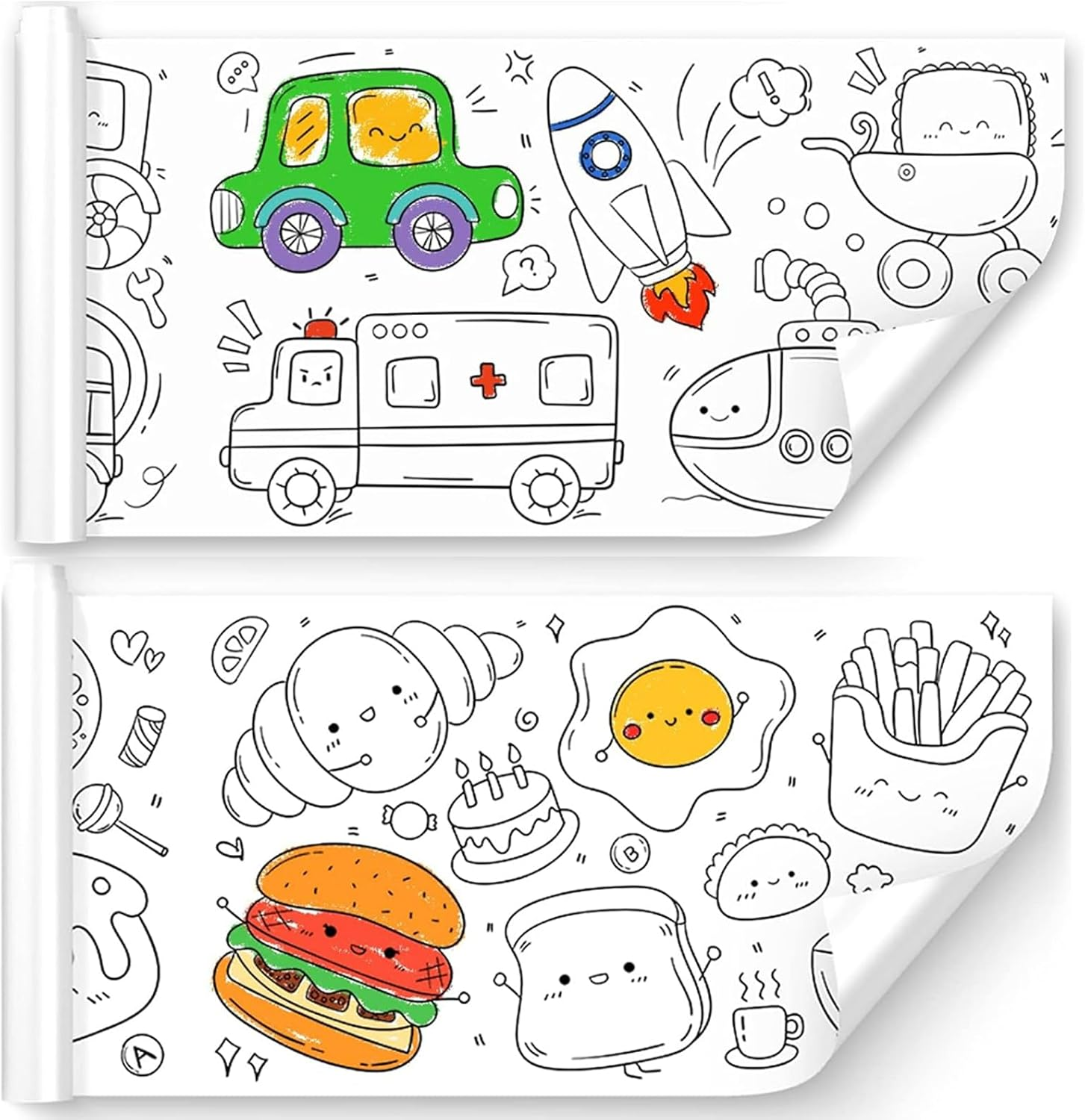 MYLEUS 2 PCS 118X11.8 Inch Coloring Paper Roll for Kids,Sticky Drawing Paper Roll, DIY Drawing Color Filling Paper, Educational Toys,Kids Birthday Christmas Party(Vehicle & Food) image number 1