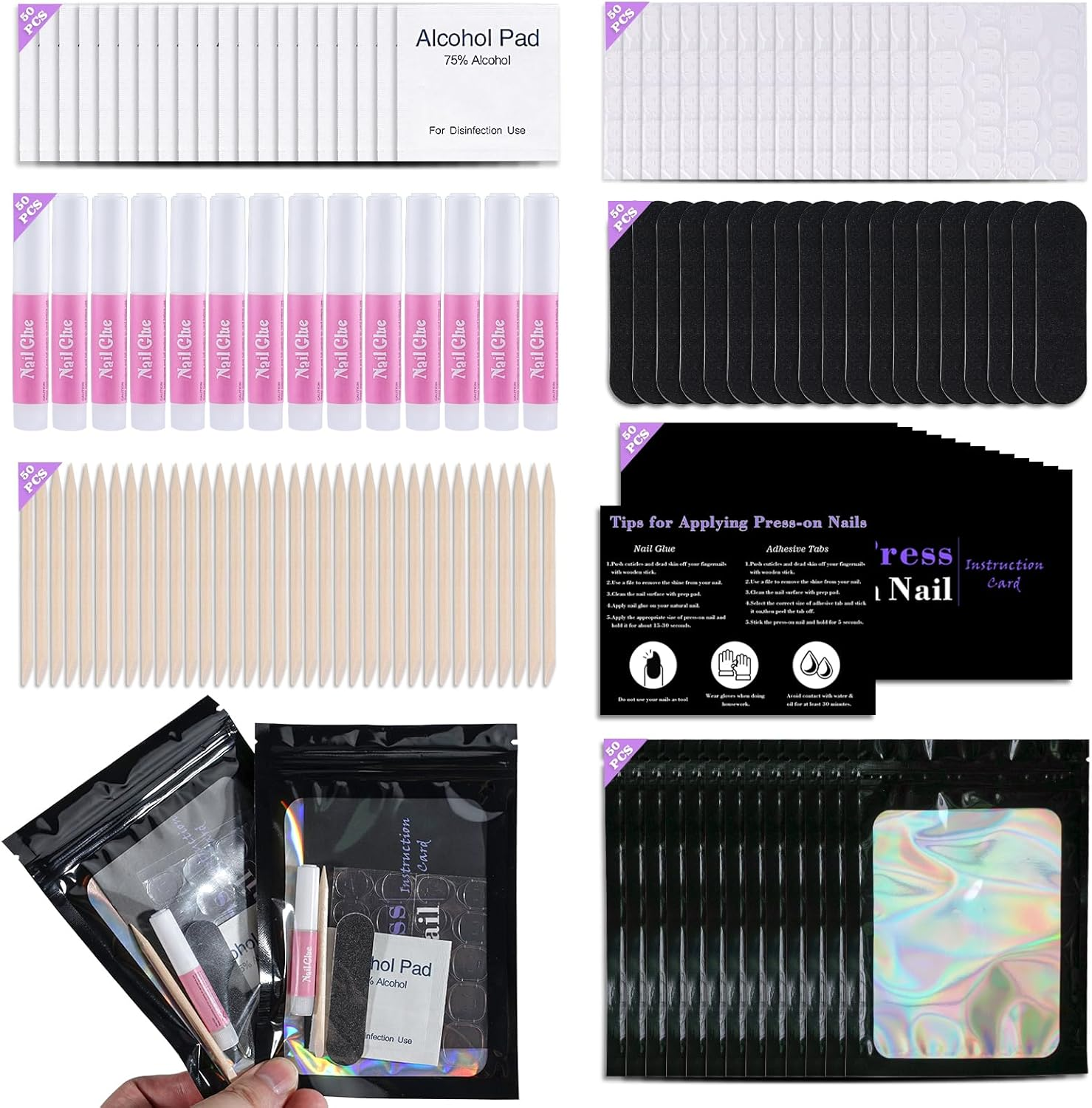 Disposable Nail Supplies Kits,Professional Manicure Press on Nail Tool Kit with Nail File,Adhesive Tabs,Nail Glue,Sticks, Prep Pads,Bags,Cards for Nail Business (Black-350Pcs50Set) image number 5