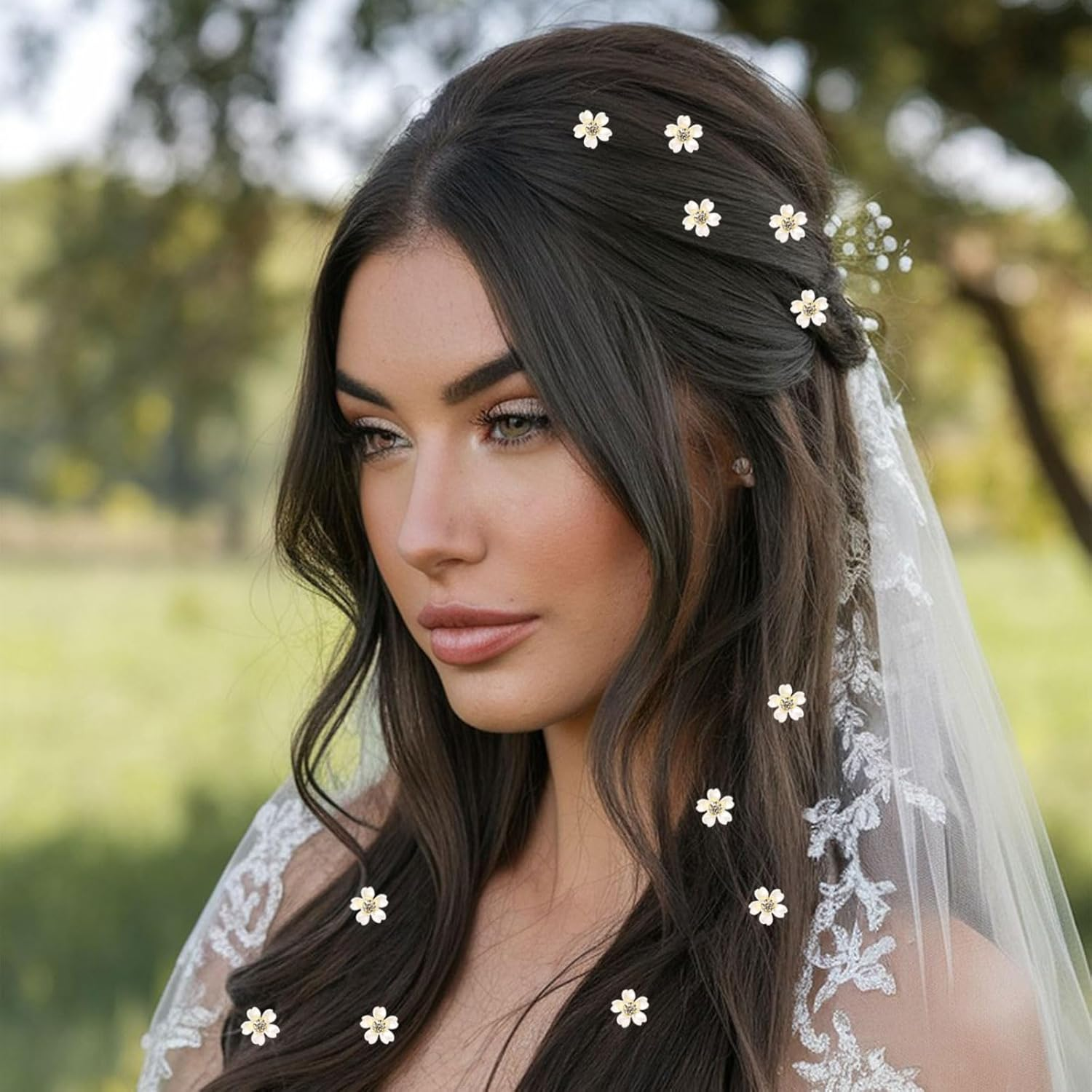 Muorruo 20 Pieces Mini Hair Clips, White Flower Hair Clips with Rhinestones, Cute Flower Girl Hair Decorations, Hair Clips for Weddings, Bride Hair Pins (White) image number 1