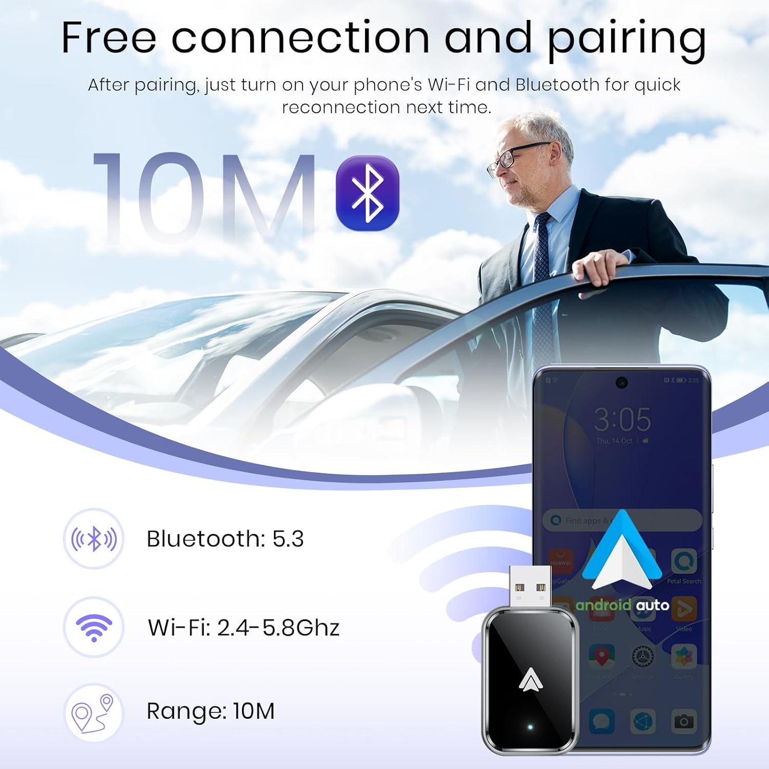 Android Auto Wireless Adapter, Convert Wired to Wireless, Mini Size with Extension Usb-C/Type-C, Stable Control & No Delay, Supports Car Original Control, Black image number 1