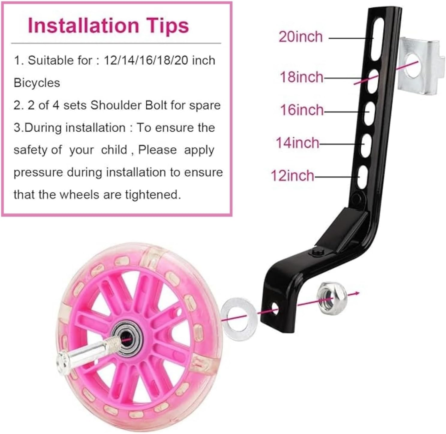 1 Pair Bicycle Training Flash Wheels Set, Bike Stabilizers Support Wheels Steel Frame for 12-20 Inch Little Bicycle Stabilisers Bike Safety Training Equipment (Pink) - Blue image number 5