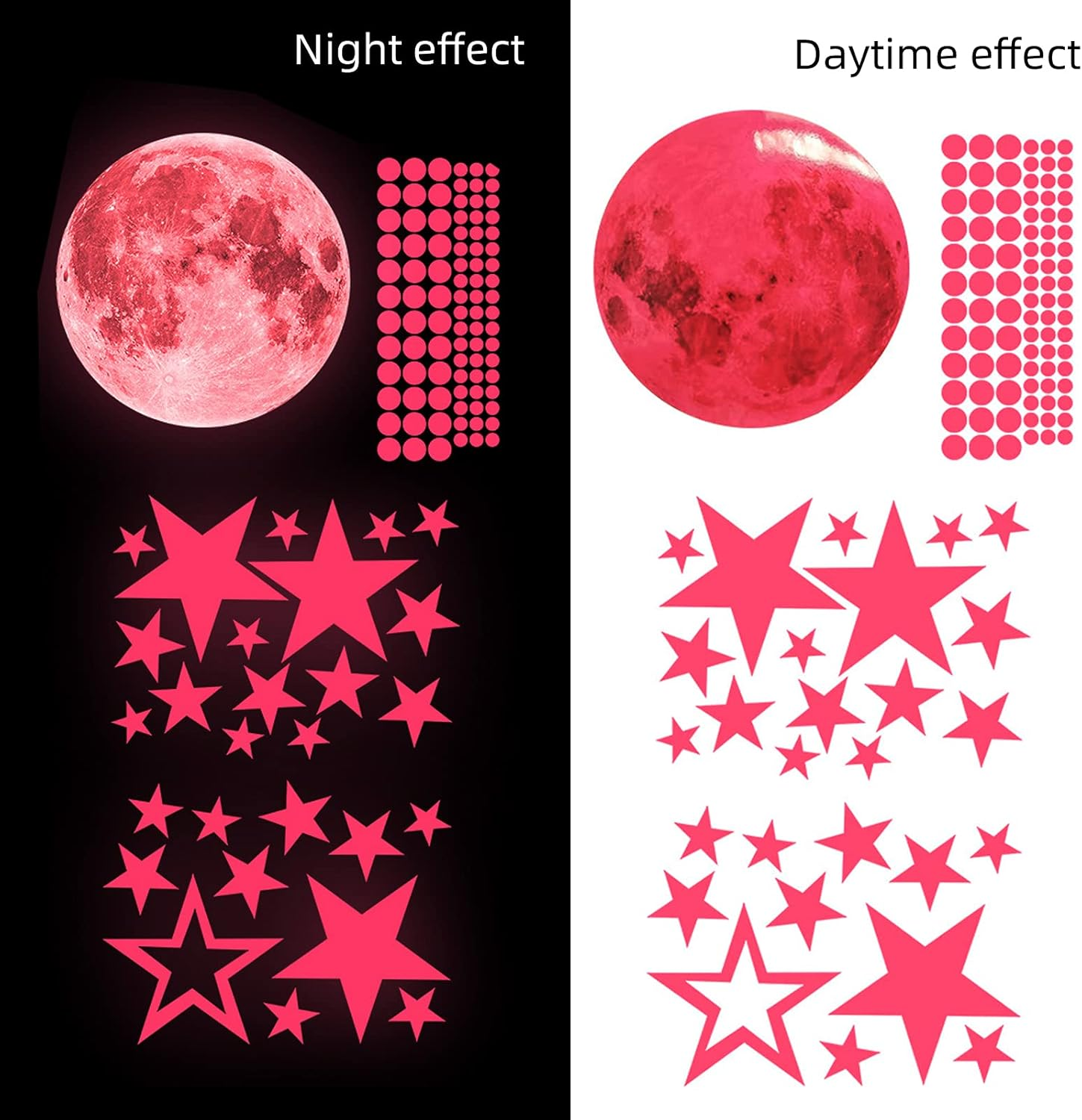 Glow in the Dark Stickers, 435Pcs Self Adhesive Luminous Moon Stars Wall Stickers, PVC Decorative Nursery Wall Stickers for Girls Boys Bedroom (Pink) image number 1