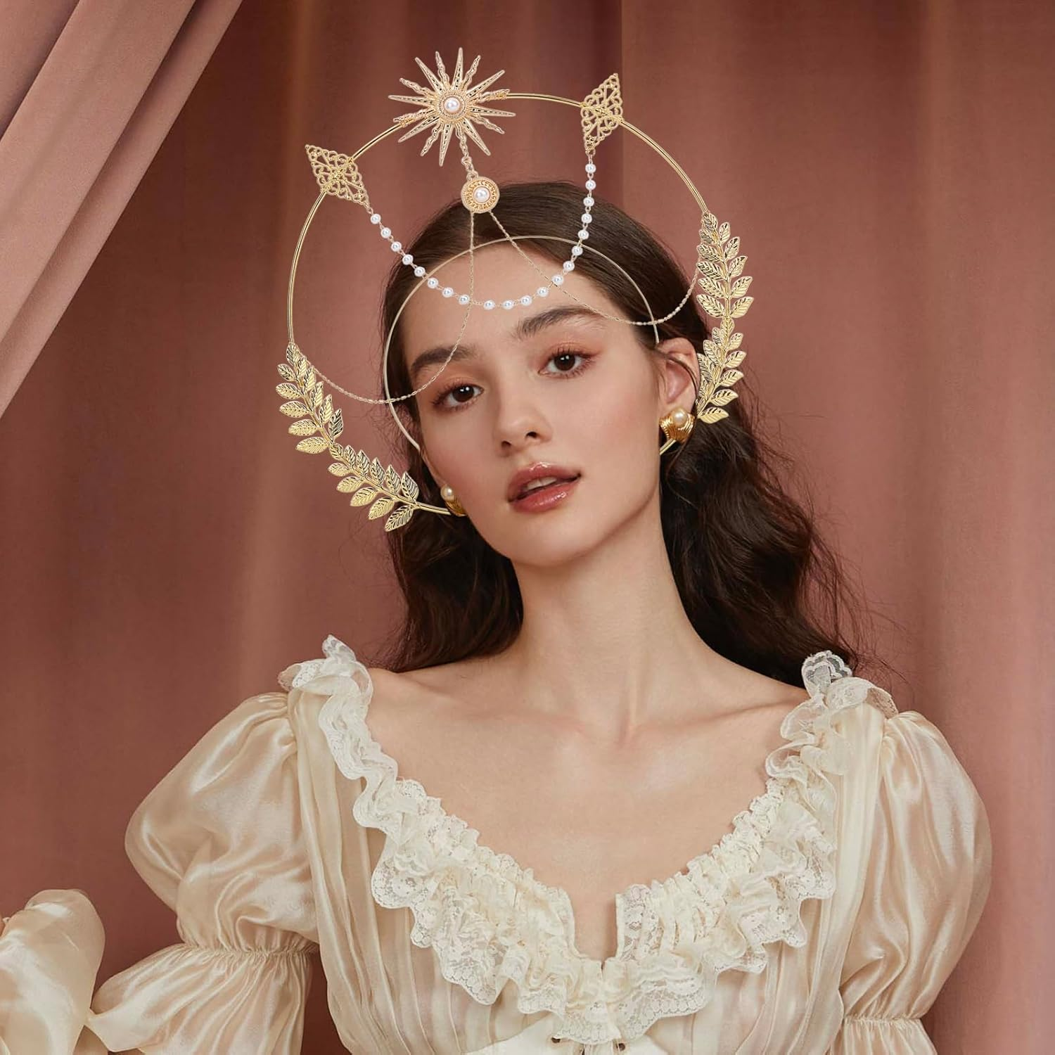 NICENEEDED Halo Crown Headpiece, Gothic Sun Goddess Headband, Gold Leaf Mary Halo Crown Headdresses Costume Cosplay Party Palace Queen Headwear Angel Tiaras for Women Halloween image number 4