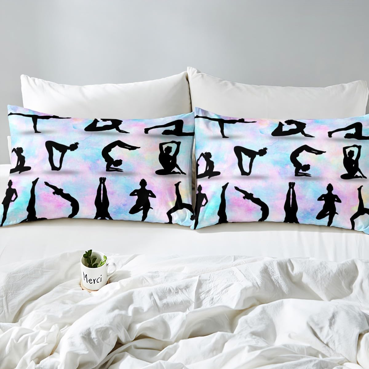 Gymnastic Silhouette Duvet Cover Set S Size, Yoga Dance Lovers Bedding Set Children Girls Women Room Decor, Rainbow Watercolour Comforter Cover Gymnastics Sports Quilt Cover, 1 Pillowcase image number 4