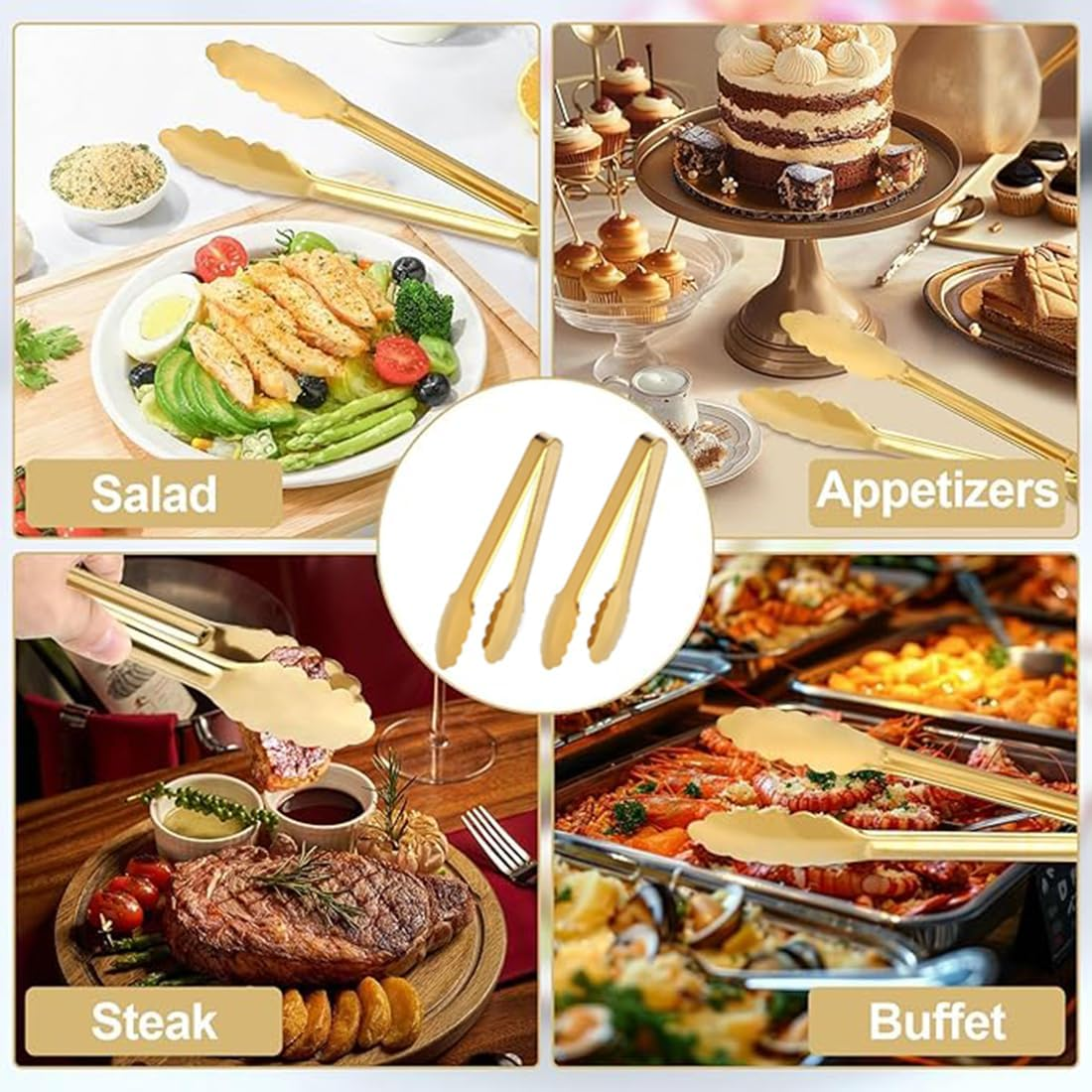 2 Pack Gold Serving Tongs, 9.5Inch Gold Serving Tongs Barbecue Food Tongs Buffet Tongs, Non-Slip & Easy Grip Gold Serving Utensils Salad Tongs for Kitchen Restaurant image number 4