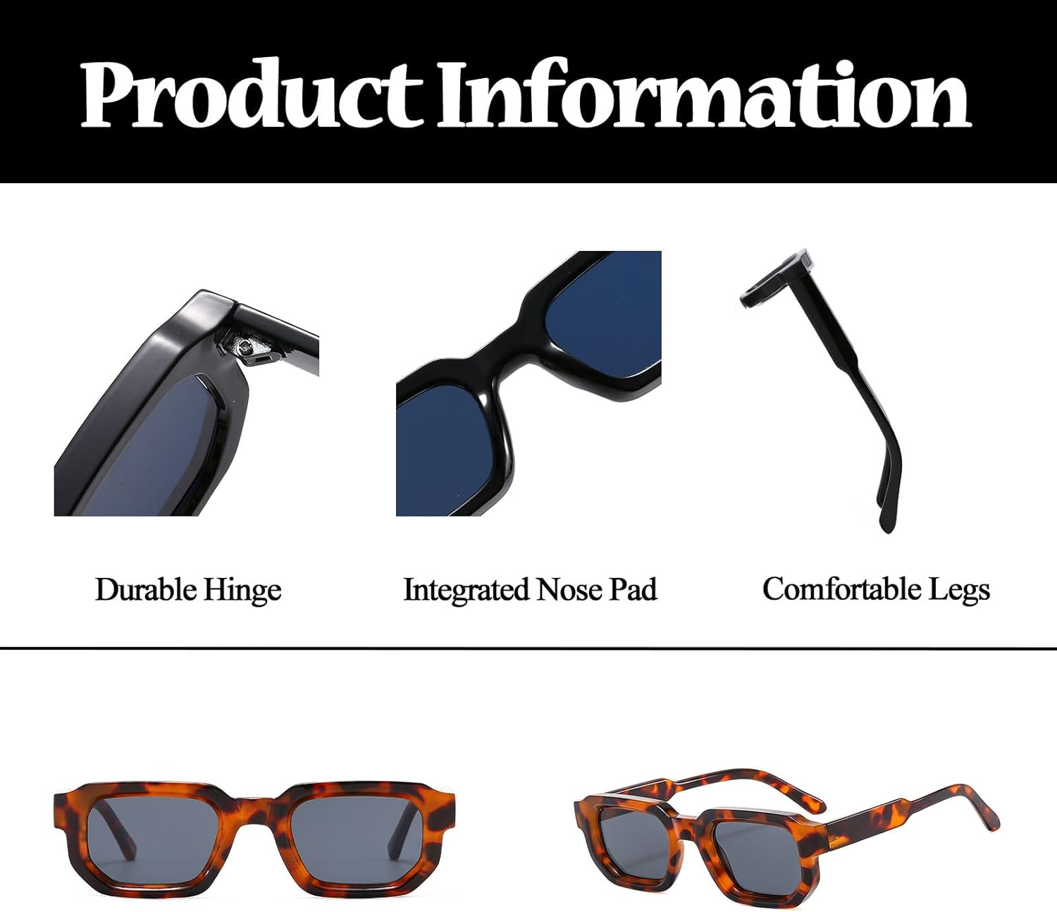 LJCZKA Vintage Rectangle Sunglasses for Women Men Retro Small Square Sunglasses Thick Frame with UV400 Protection - Black Blue image number 7