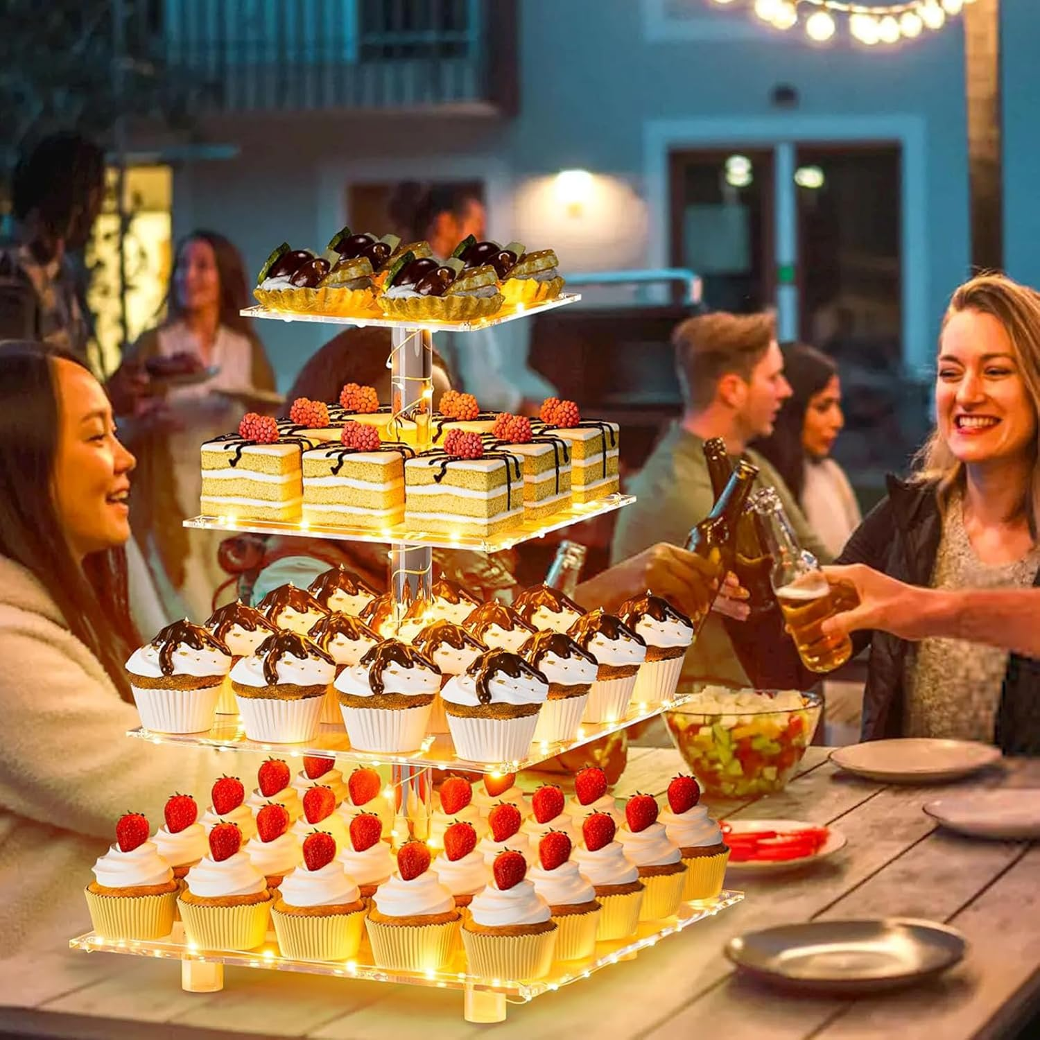 4 Tier Cupcake Stand Acrylic Tower Display with LED Light String, Cupcake Tray Holder Dessert Cake Tree Tower Pastry Stand for Birthday Cady Bar D&eacute;cor Weddings Parties Events