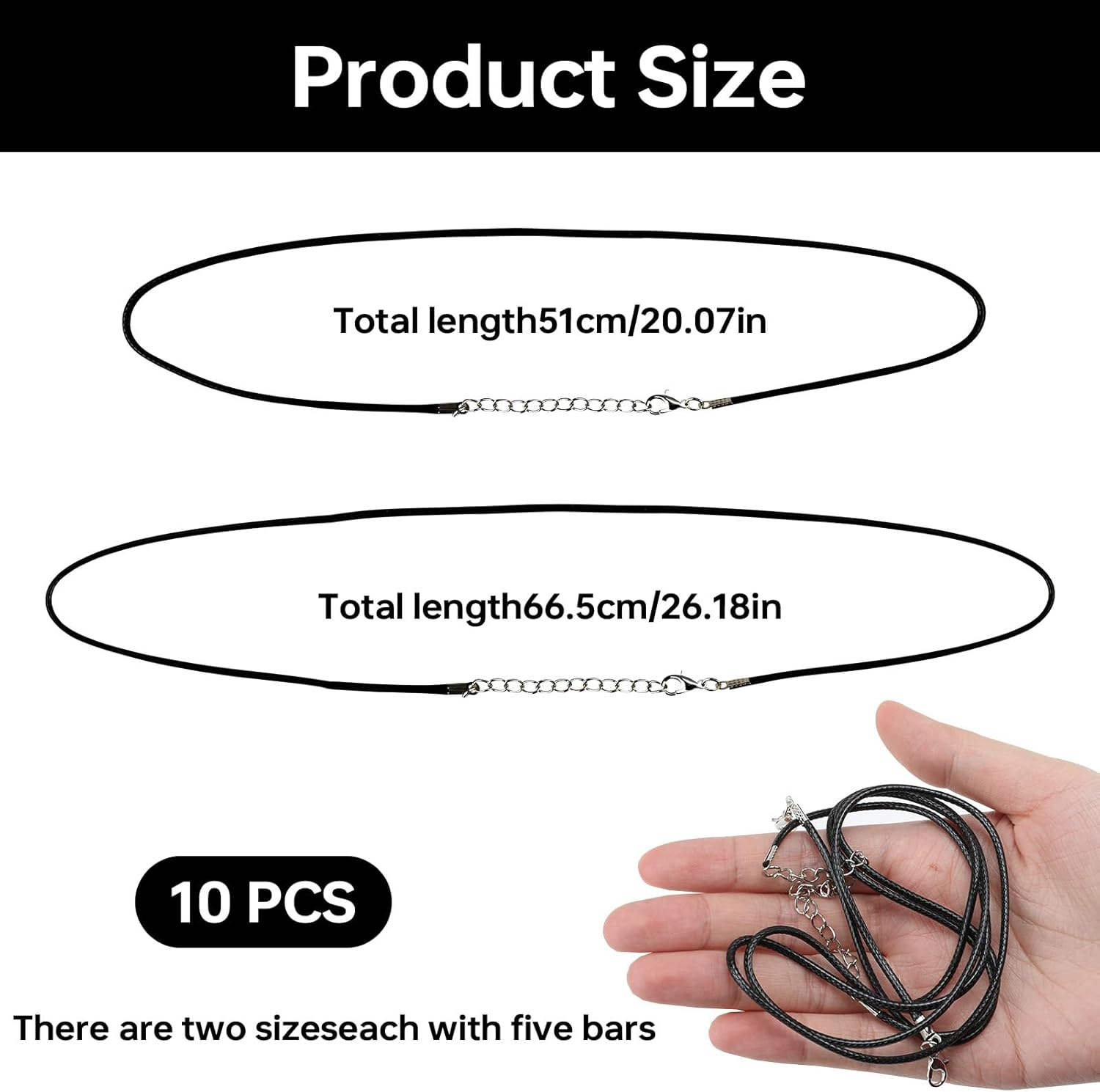 10Pcs Necklace Cord, 2Mm Black Leather Adjustable Necklace Waxed Cord with Lobster Clasp, Soft Rope Long Chain Ropes Wax Rope Chain Braided String Fine for DIY Pendant Making Bracelet Necklaces image number 2