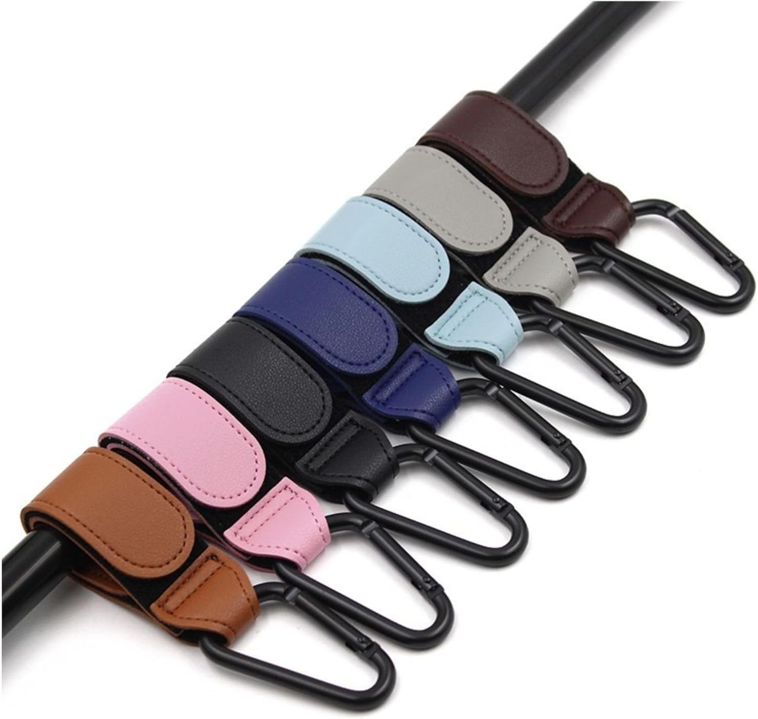 2 Pcs Baby Bag Clips, Leather Buggy Clips Multipurpose Hooks Pram Clips, Pushchair Clips Baby Stroller Hooks with Sturdy Carabiner and Strong Magic Adhesive for Hanging Shopping Handbag Changing Bag image number 4