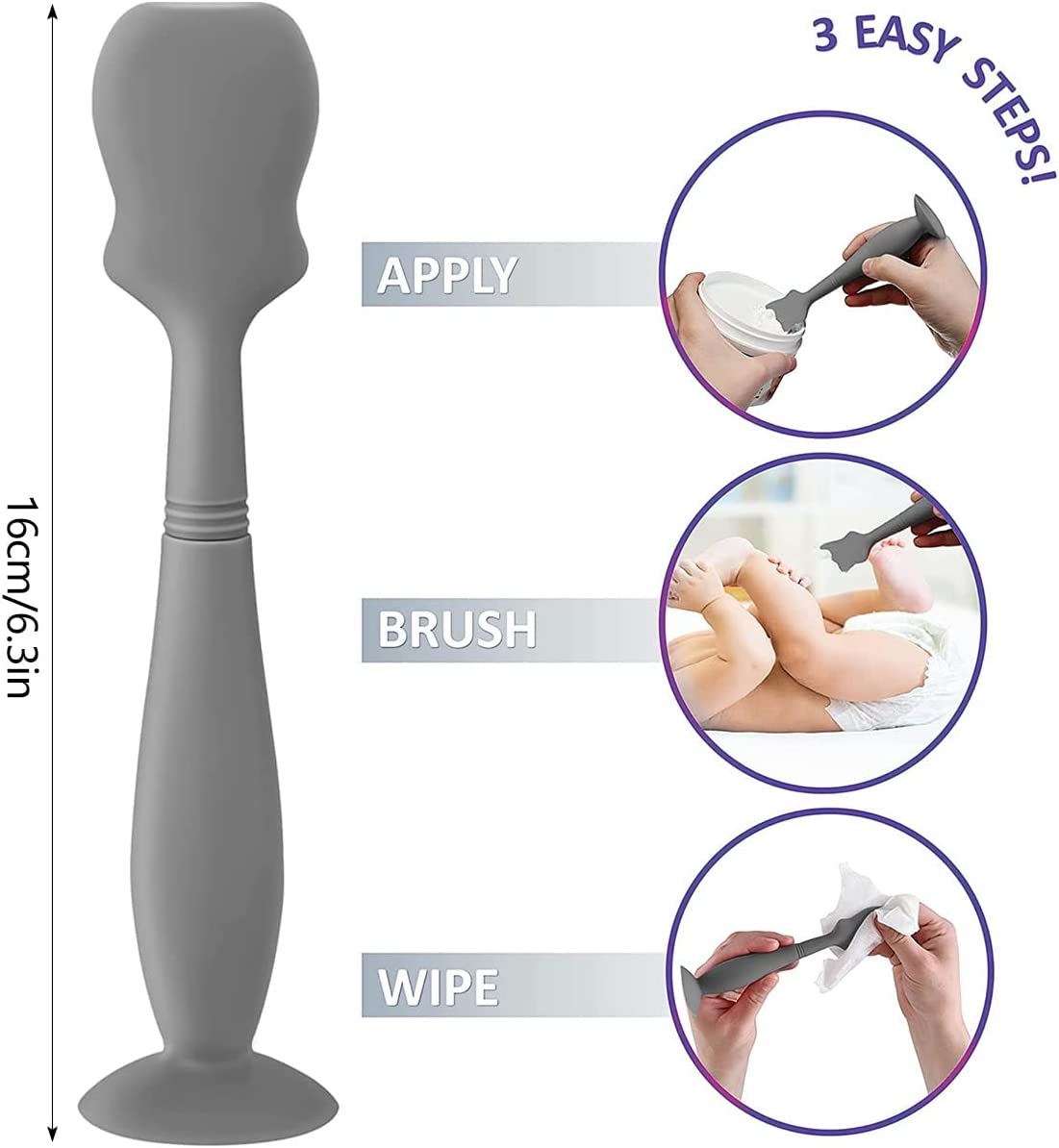 3Pcs 6.3Inch Baby Diaper Rash Cream Applicator Baby Cream Spatulas with Suction Cup Silicone Brush Multi-Purpose Tool Bpa-Free Butt Paste Spatula with Humanized Handle for Baby Newborn Multicolor image number 6