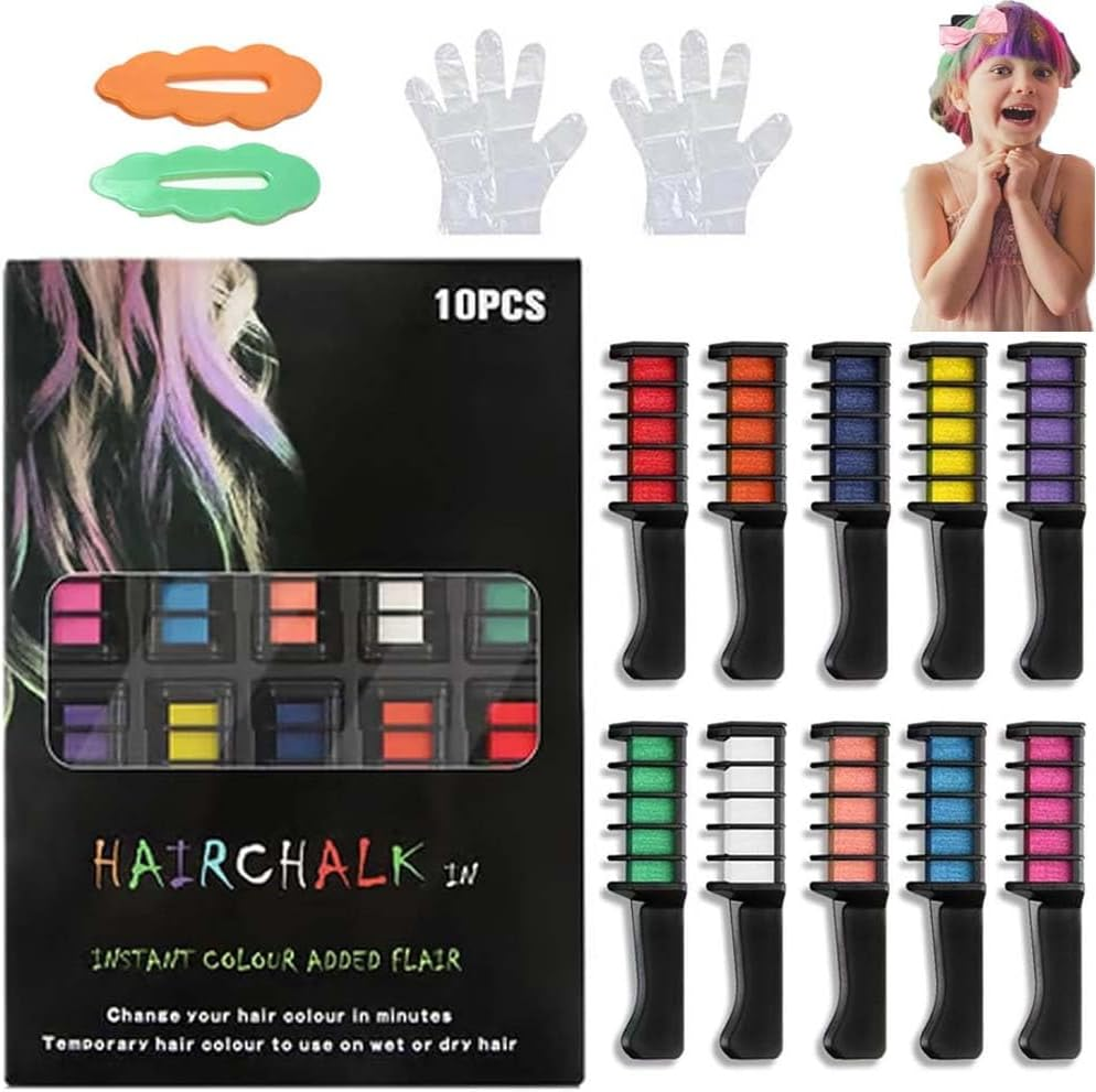 Hair Chalk Comb Temporary,10 Colors Hair Dye Comb,Hair Dye Comb Applicator,Disposable Multi-Color Hair Chalk Combset,Hair Chalk for Girls Washable, for Kids Boys Girls Party