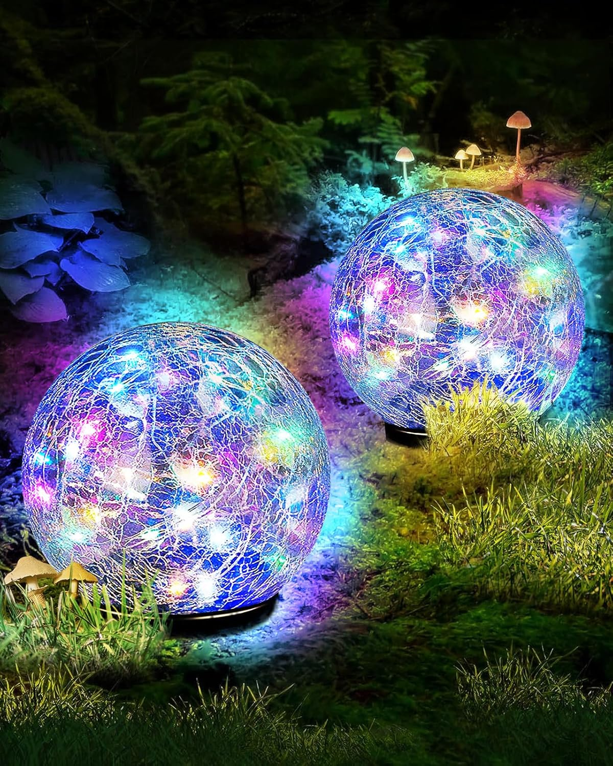Garden Solar Ball Lights Outdoor Waterproof, 50 LED Cracked Glass Globe Power Ground for Path Yard Patio Lawn, Outdoor Decoration Landscape White (2 Pack 4.7'')
