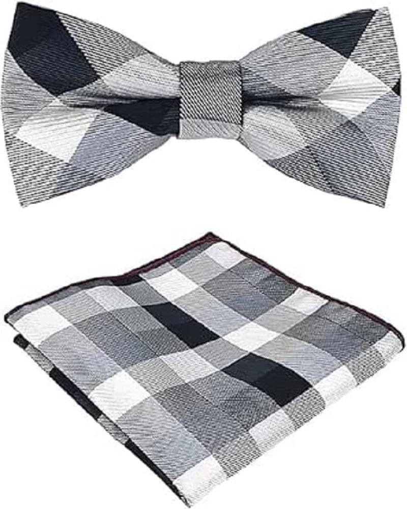 Fashion Men'S Pre Tied Bow Ties Novelty Plaid Check Wedding Formal Pocket Square with Bow Ties Set image number 2