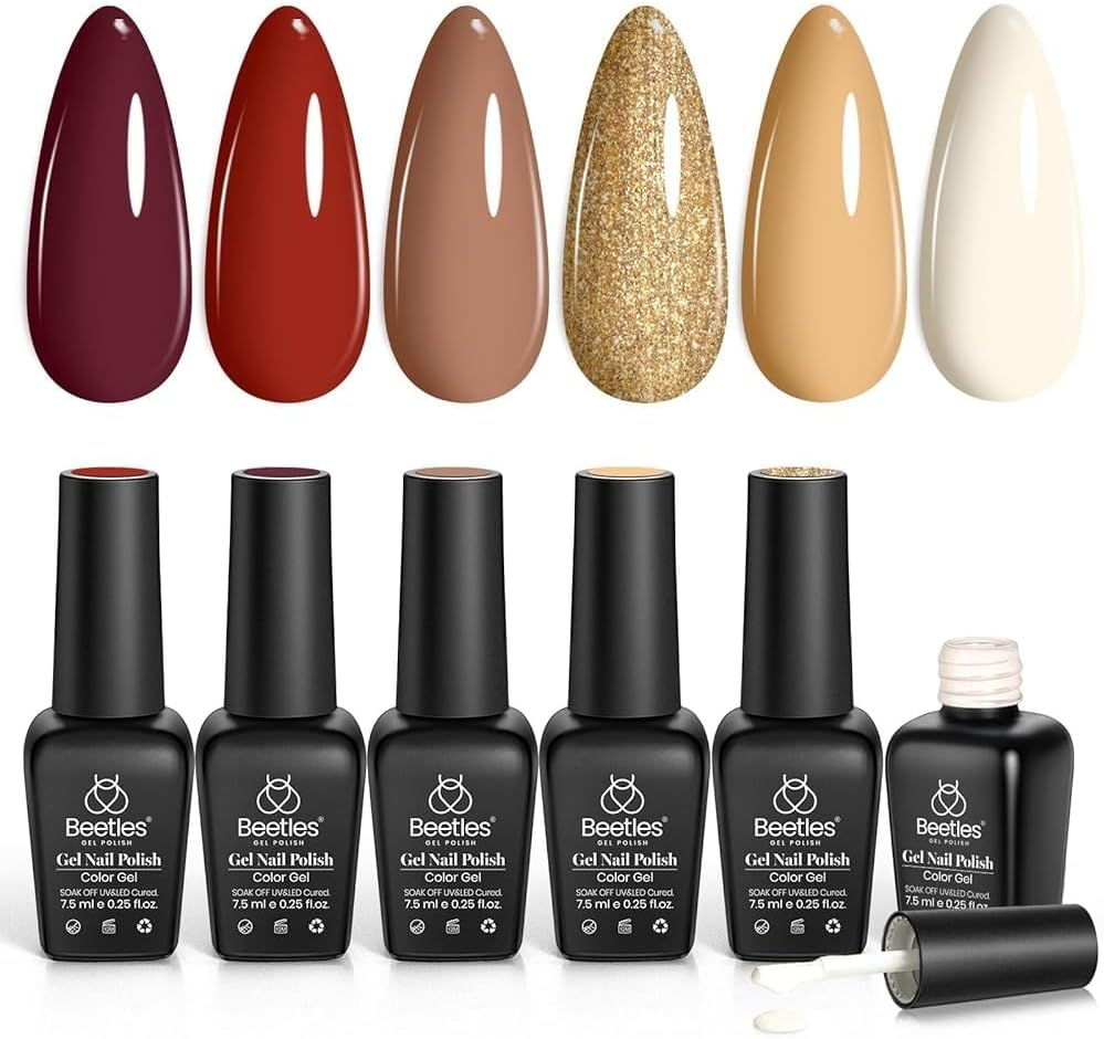 Beetles Gel Polish Red Gel Nail Polish Set, 6 Colors Modern Retro Brown Burgundy Red Gold Glitter Gel Polish Wine Red Gel Nail Kit Soak off Nail Lamp Uv LED Nail Art DIY Home Minicure Nails image number 4