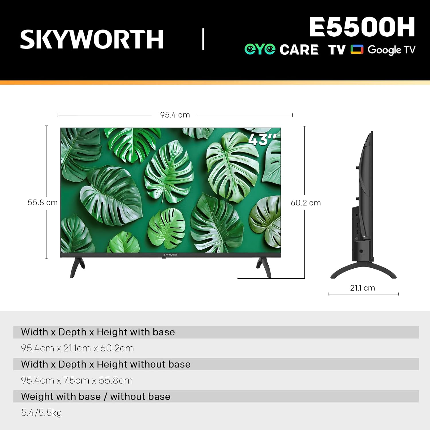 SKYWORTH 40" E5500H Eyecare Smart Google TV, 1080P FHD, HDR10 HLG, Find-My Remote, AI Picture Processing, Dolby Audio, Screen Casting, Bezel Less Design, Voice Control image number 4