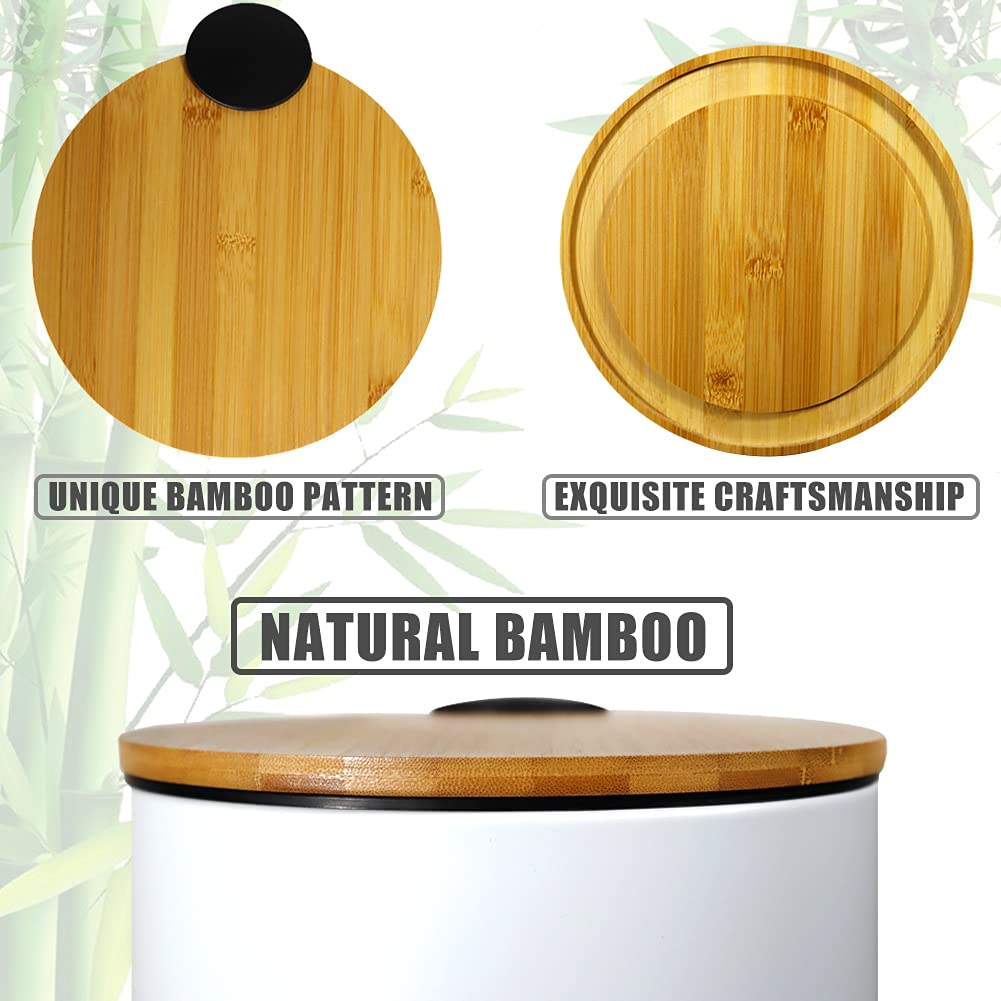 Trash Can with Bamboo Lid, 3L Pedal Bin, Mini round Trash Bin with Removable Plastic Inner Wastebasket for Bathroom, Bedroom, Powder Room, Office, Desk, Car (White)