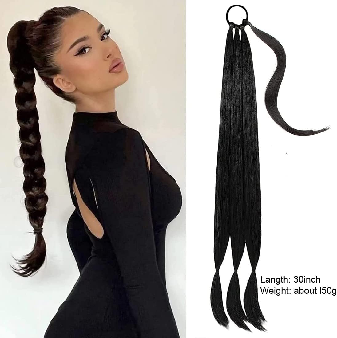 1 X Braid Extensions, Ponytail Extension with Hair Band, for Braiding Long Ponytail Hairpiece for Women, Black image number 3