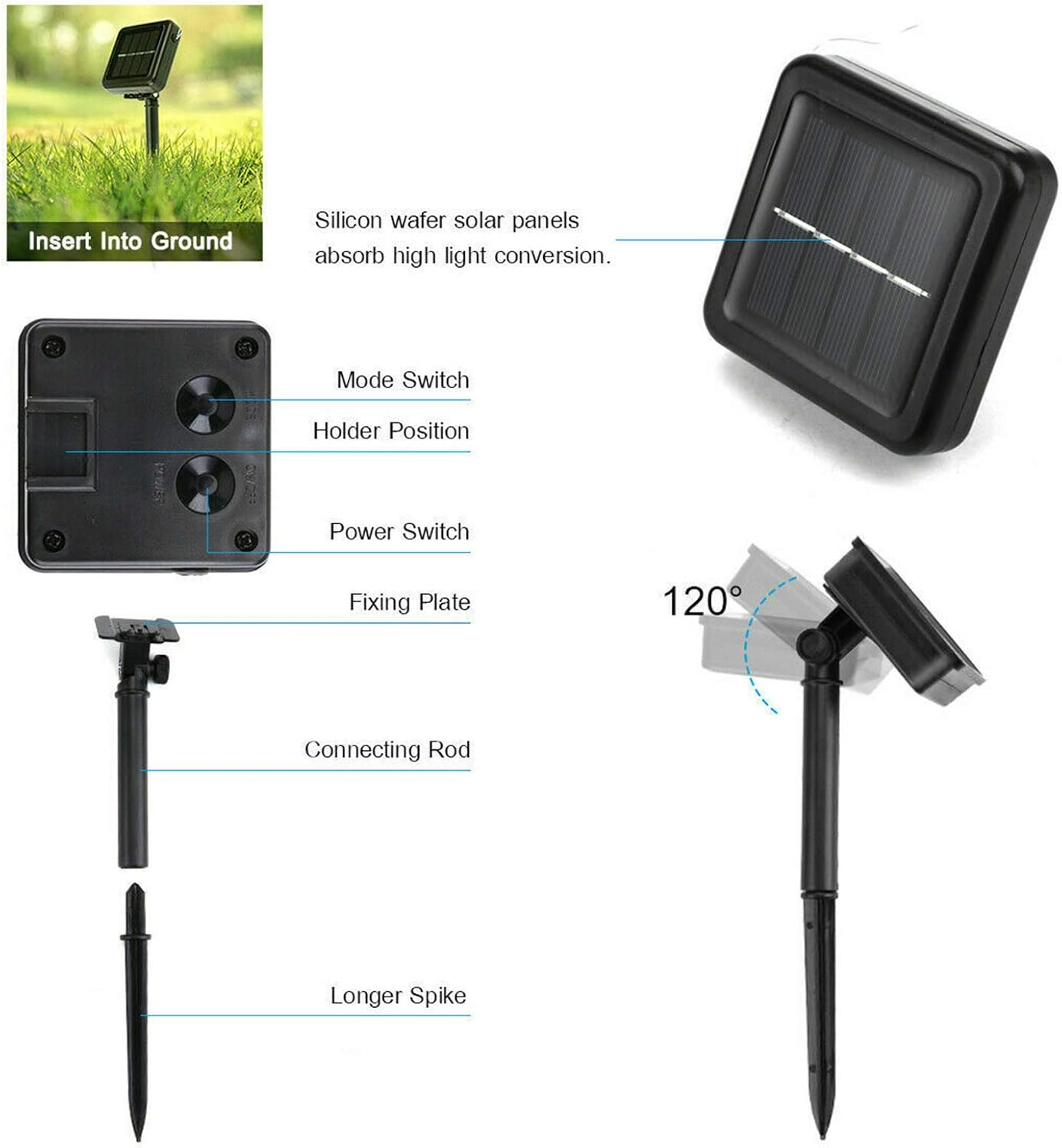 Fairy Lights Outdoor - Solar Panel String Light Copper Wire 8 Modes Fairy Light Outdoor Garden Party Decor (10M 100 Lights, Green) image number 6