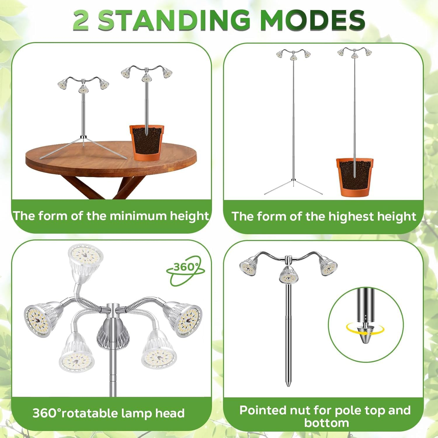Grow Lights for Indoor Plants Full Spectrum, 15-62 Inches Height Adjustable Plant Lights with Detachable Tripod Stand, Automatic Timer for 3H/9H/12H - Three Heads image number 4