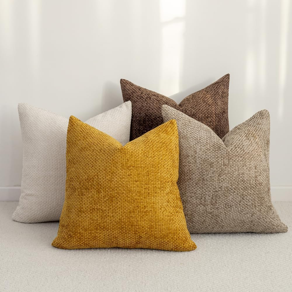 LANANAS Neutral Decorative Throw Pillow Covers 18X18 Inch for Living Room Couch Bed Sofa Farmhouse Boho Home Decor Set of 4 Soft Corduroy Accent Luxury Cushion Cases (18X18, Neutral)