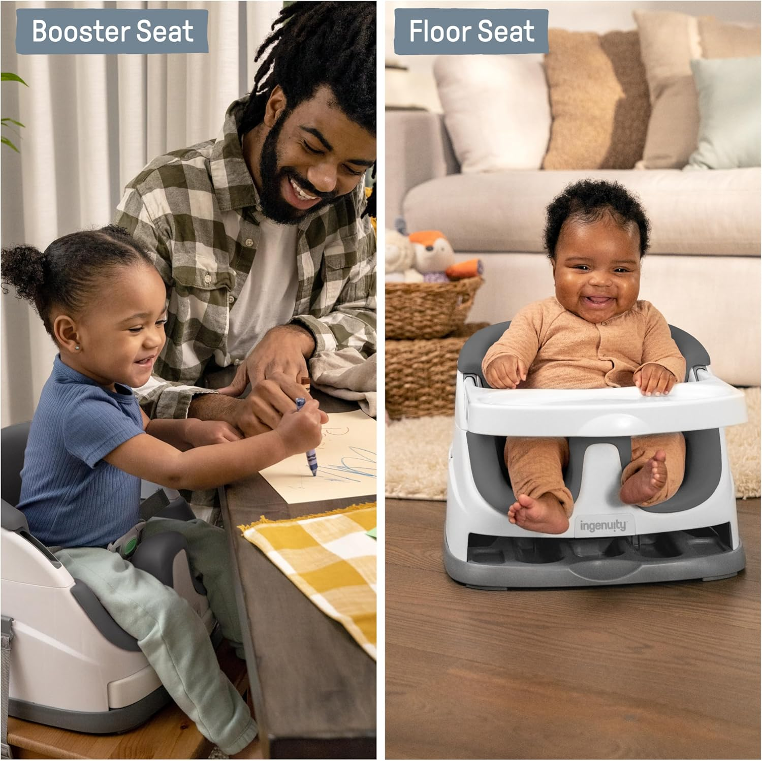 Ingenuity Baby Base 2-In-1 Booster Feeding and Floor Seat with Self-Storing Tray, Slate image number 3