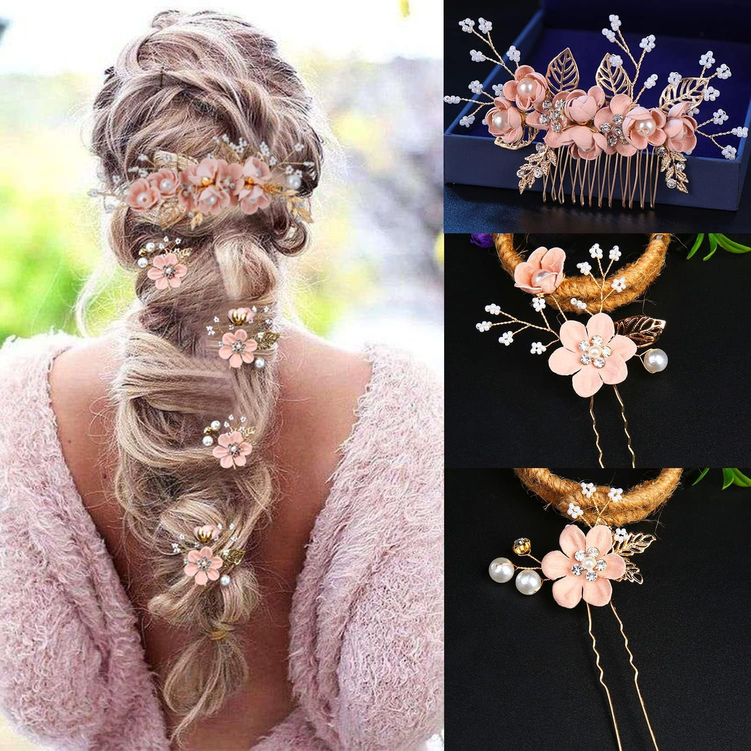 Floral Hair Accessories for Wedding, 5PCS Gold-Toned Crystal Pearl Hair Comb Slides Bridal Hair Pins with 3 Shapes SZTTY image number 3