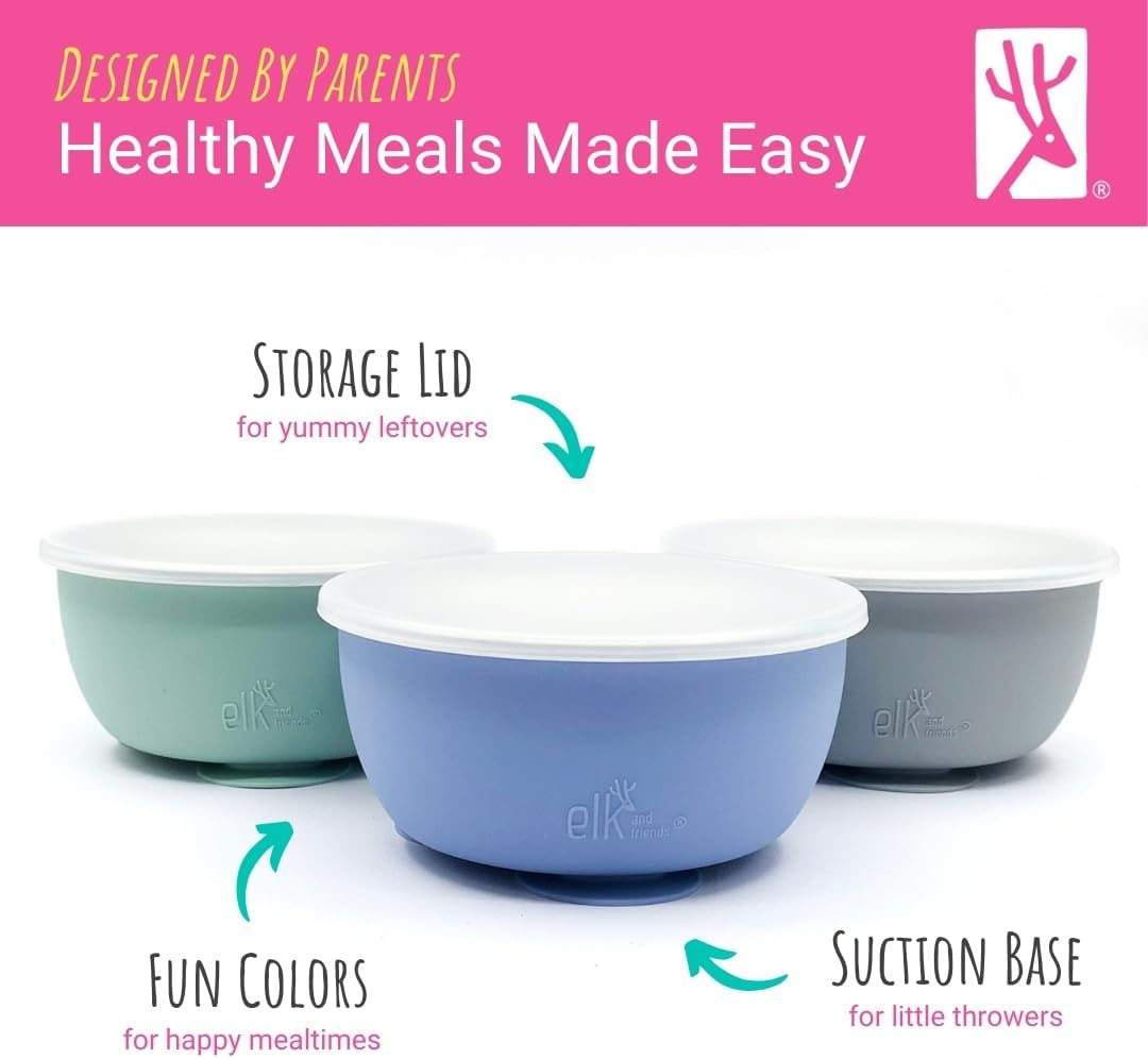 Elk and Friends Kids Stainless Steel Bowls with Silicone Suction Sleeves + Lids| Suitable for Babies/Toddlers | Dishwasher Safe | Stay Put Dinnerware | Snack Dishes | 4 Pack