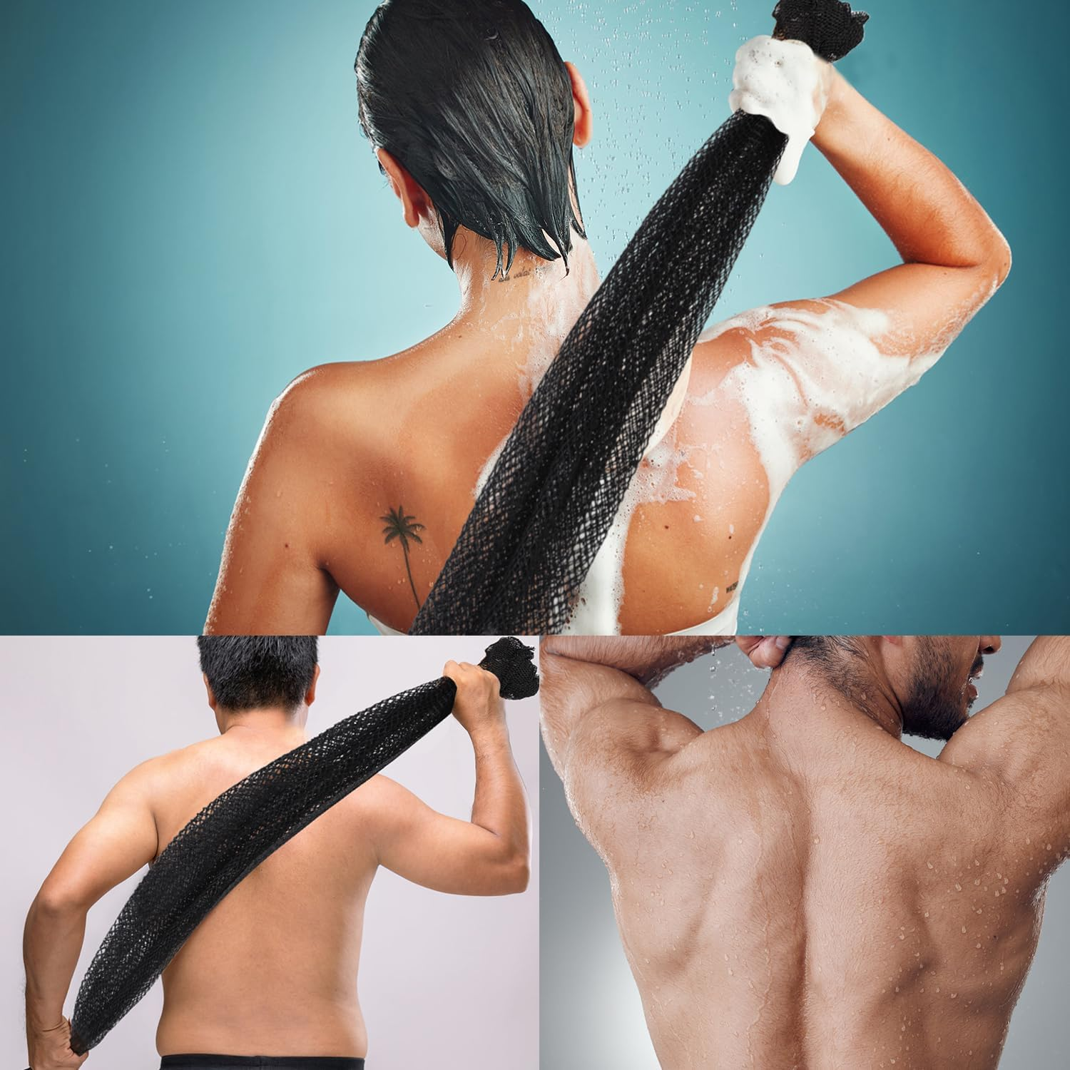 JASSINS African Net Long Bath Net Sponge, Bathing Body Exfoliating Shower Body Back Scrubber Skin Smoother,Stretch Length to 66 INCH (Black) - Black image number 2