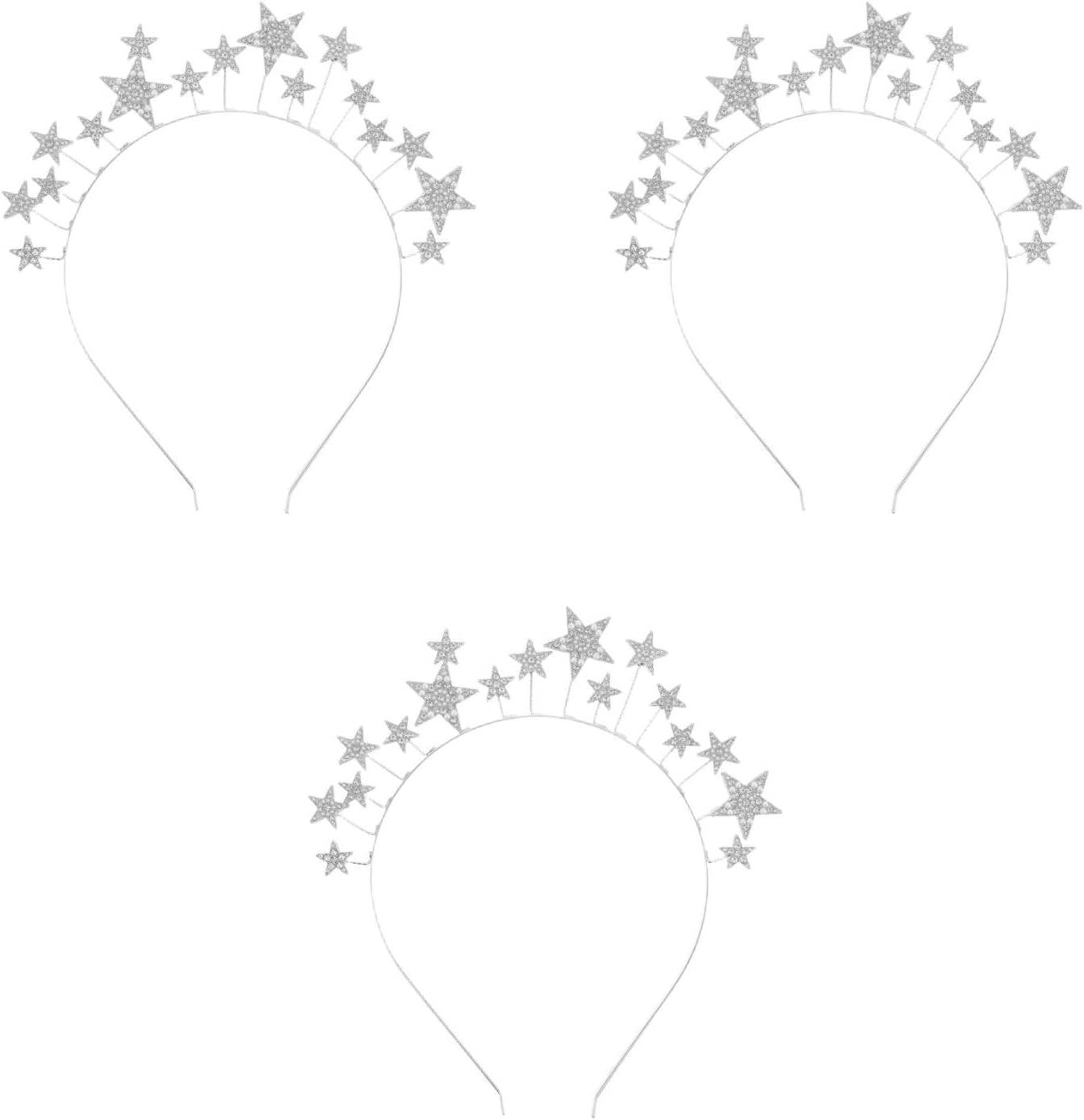 LOGOFUN 3Pcs Sparkling Rhinestone Five-Point Star Headband Silver Zinc Alloy Single Welded for Women Party Wedding Celebrations image number 5