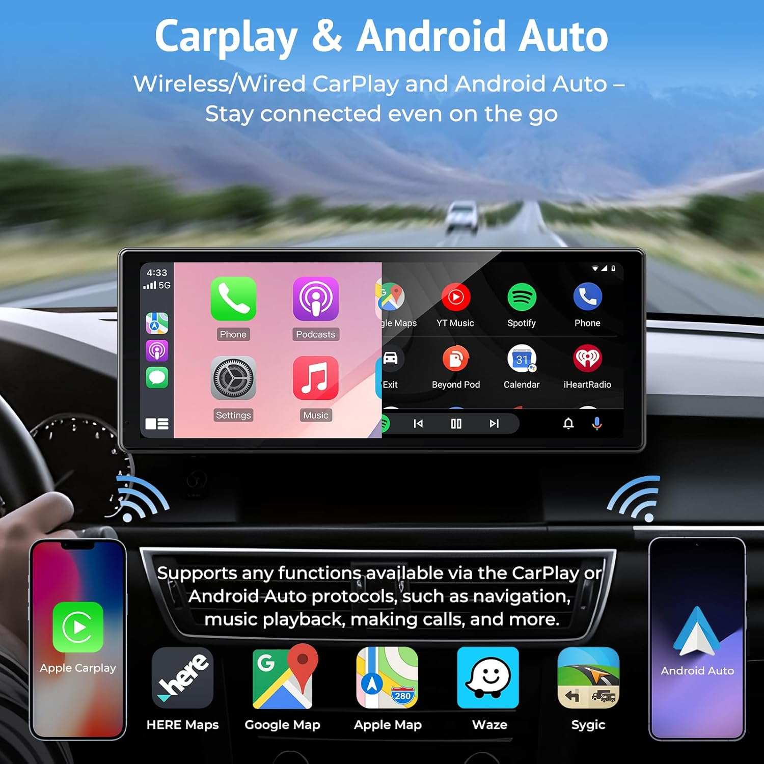 10.26" Carplay Screen for Wireless/Wired A-Pple Carplay,Android Auto and Mirror Link,Ips Car Play Touch Screen Car Stereo with Light Sensitive,Bluetooth Audio,Siri/G00Gle Assistant image number 2