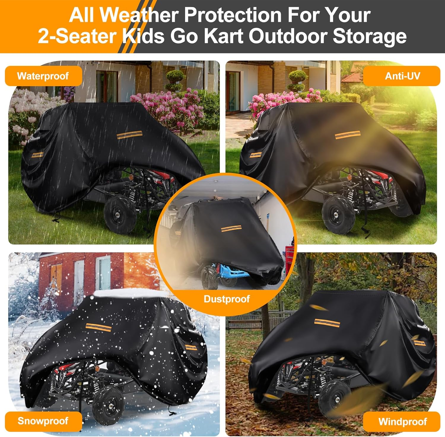 Large Go Kart Covers Waterproof,Heavy Duty 420D 2 Seater Go Kart Cover,Go Kart Accessories with Air Vent,4 Reflective Handles,2 Windproof Buckles,Protective Gokart Car Cover for Coleman Kt196,Segway image number 2