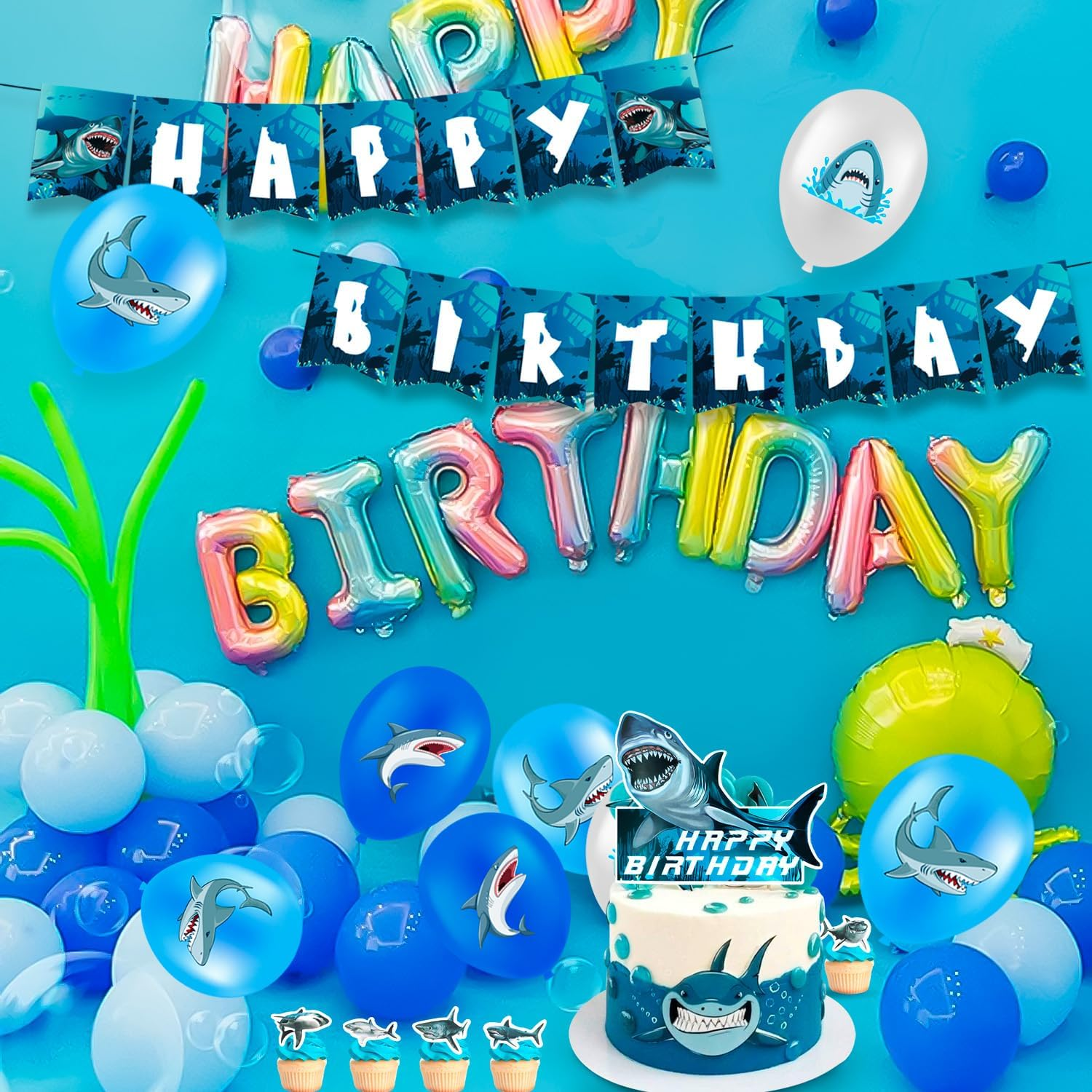 Shark Party Supplies,81 Pcs Shark Birthday Party Decorations & Shark Party Tableware Set - Shark Plates and Napkins Tablecloths & Shark Balloons Banner Shark Cake Toppers Etc Decorations image number 2