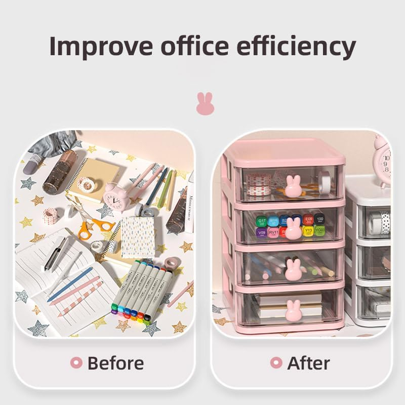 AIMALL Bunny Desktop Storage Box &ndash; Transparent Drawer Organizer for Students and Cosmetics, 3-Tier Plastic Finishing Box, 6.69 X 5.28 X 6.3 Inches, Pink/White image number 2