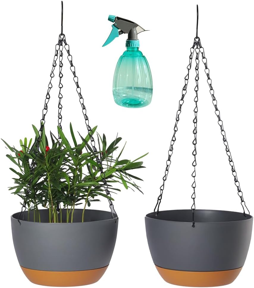 2 Pack Plastic Hanging Planters Set,8.3 Inch Hanging Flower Plant Pot with Drainage Hole for Indoor Outdoor Plants, round Hanging Basket with Removable Tray for Home Garden Porch Balcony Patio Decor