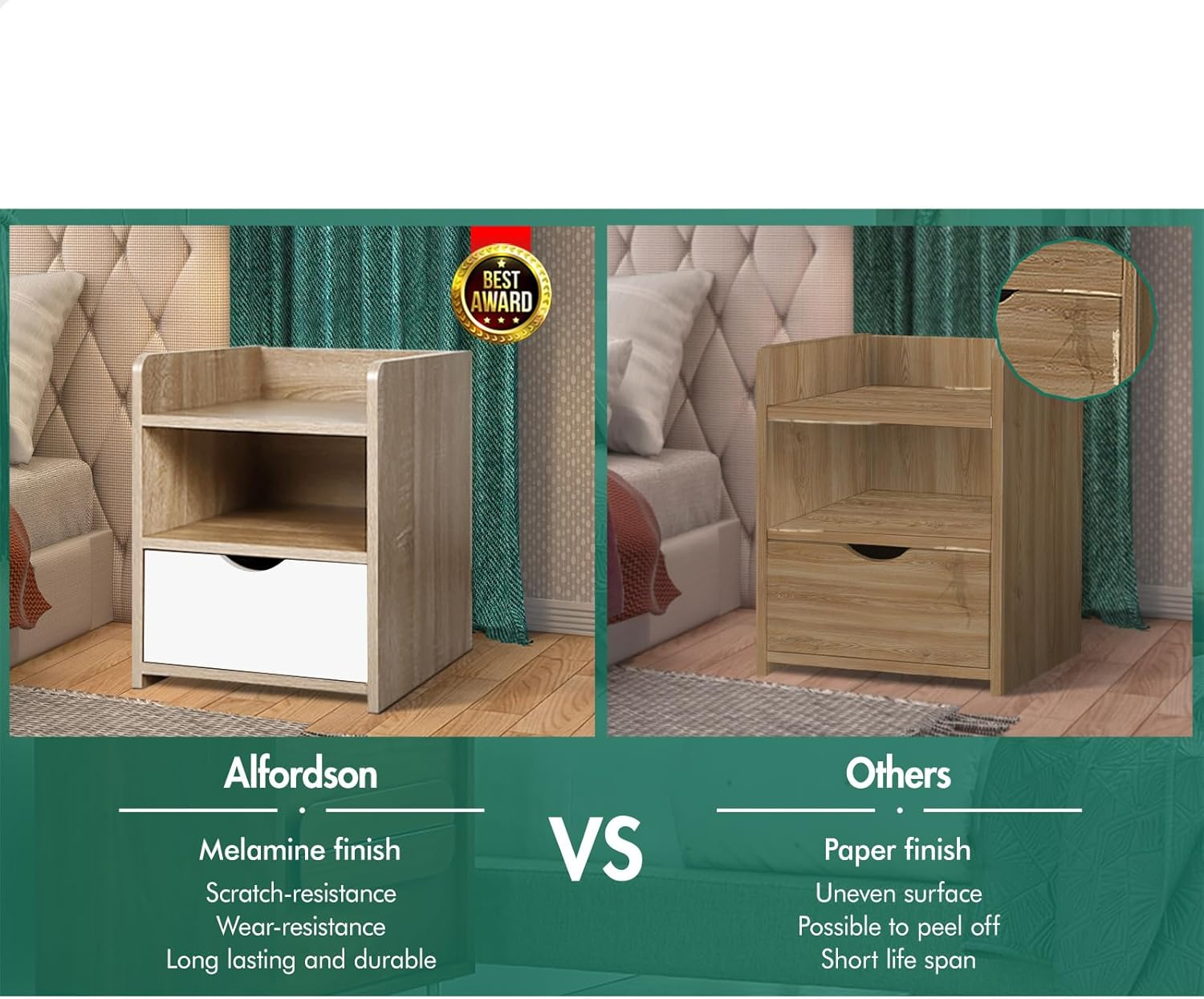 ALFORDSON Hamptons Bedside Table, 37.5Wx 34Dx 45Hcm, Bedroom Nightstand Cabinet, Wooden Sofa Side Chest End Table with Ample Drawer, Open Shelf, Hallway, Living Room Storage Furniture, Wood White - 1 Drawer-Shelves-Black-Air Gap Handle image number 4