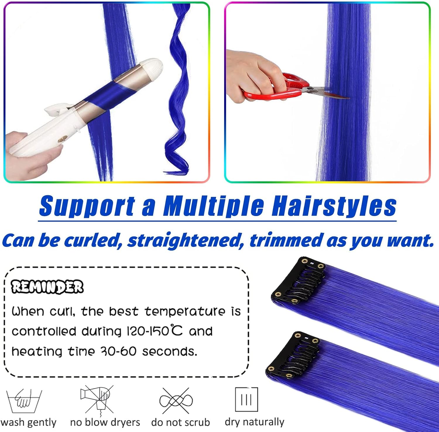 16 Coloured Clip-In Hair Extensions, 22 Inch Colourful Highlights Hairpieces Straight and Long Heat Resistant Synthetic Hair Accessories for Kids Girls Women Party Hair Accessories (16 Pieces-Blue) - Dark Blue image number 3