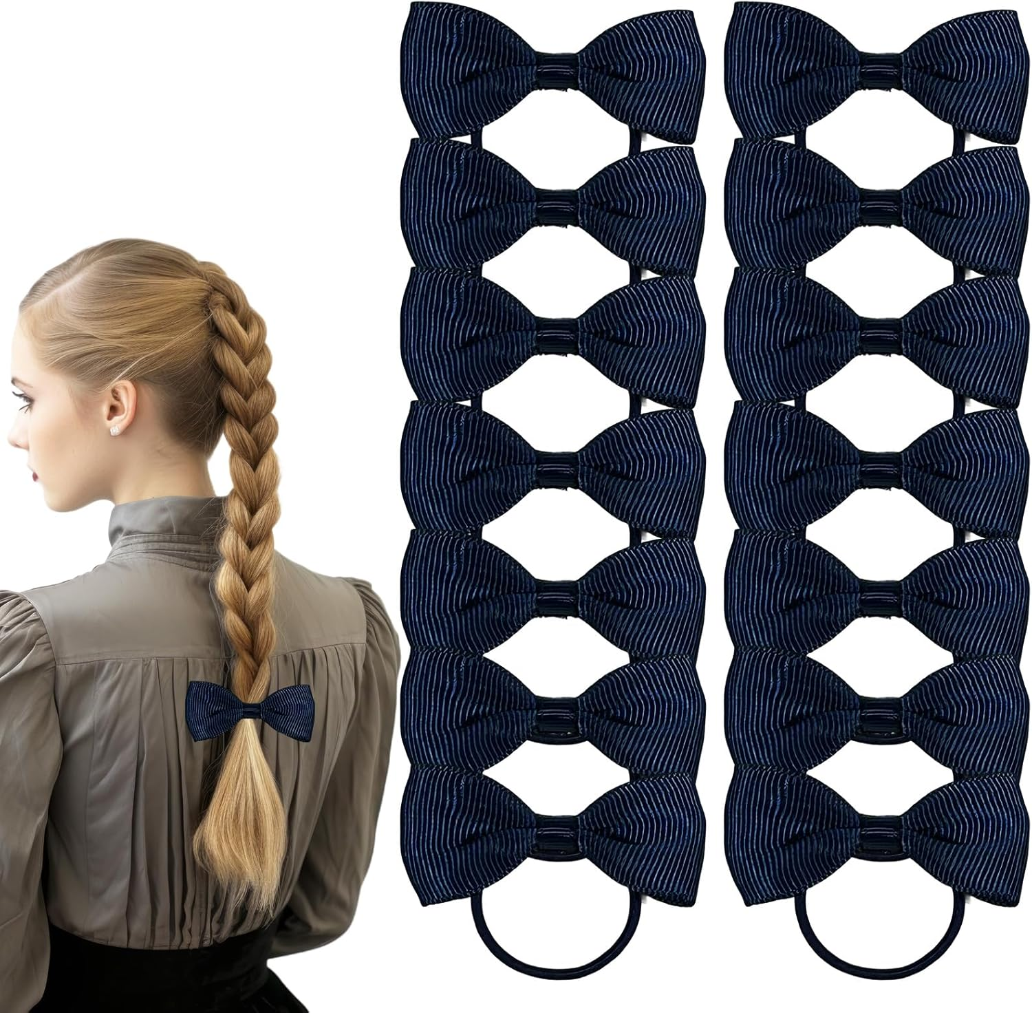 Bliceon 20 Pcs Navy Blue Hair Accessories Set - Girls' Bobbles, Bows, School Bands, Navy Blue Ribbon Headbands, Clips, Elastic Hairbands, and Braids - for Kids and Women image number 6
