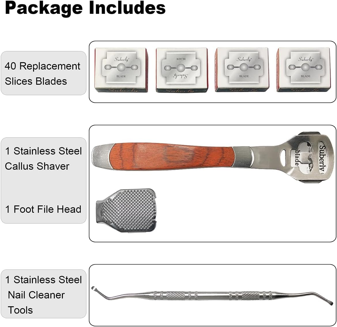 43 Pcs Callus Shaver for Feet Set, Foot Callus Shaver, (1 Stainless Foot File &1 Foot File Heads & 40 Replacement Slices Blades & 1 Nail Cleaning) image number 2