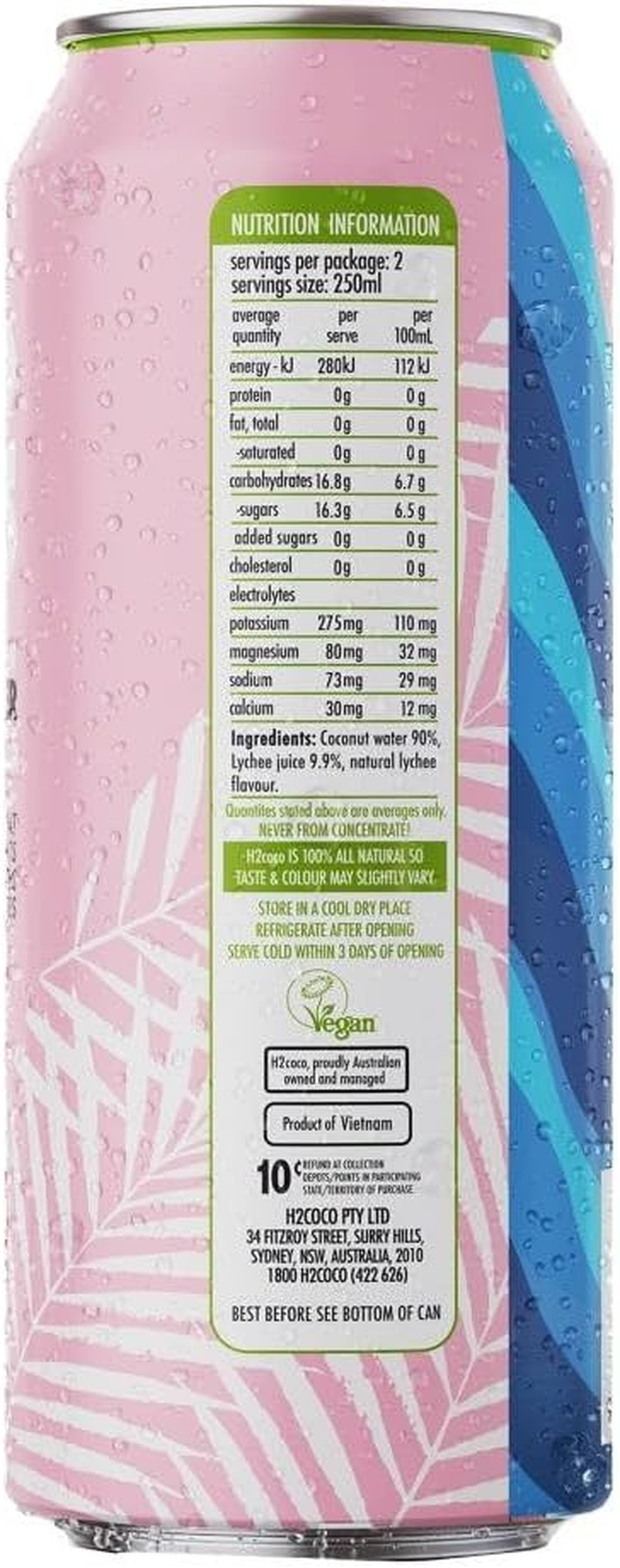 H2Coco Pure Coconut Water, 12 X 500 Ml, Pure Coconut Water with Lychee image number 2